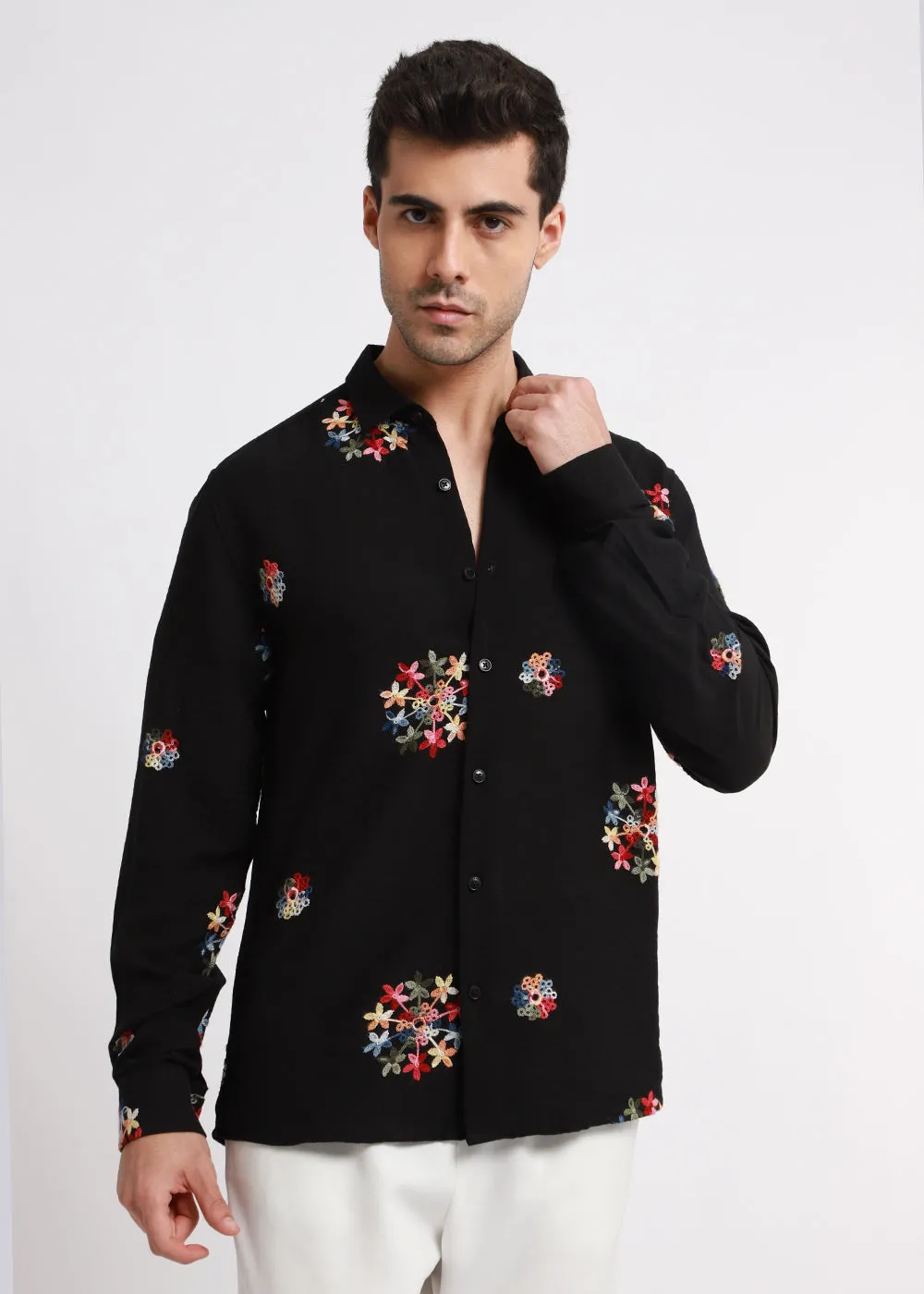 Black Floral Embroidered Shirt