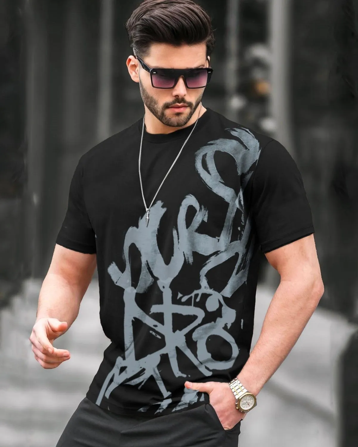 Black Printed Round Neck T-Shirt