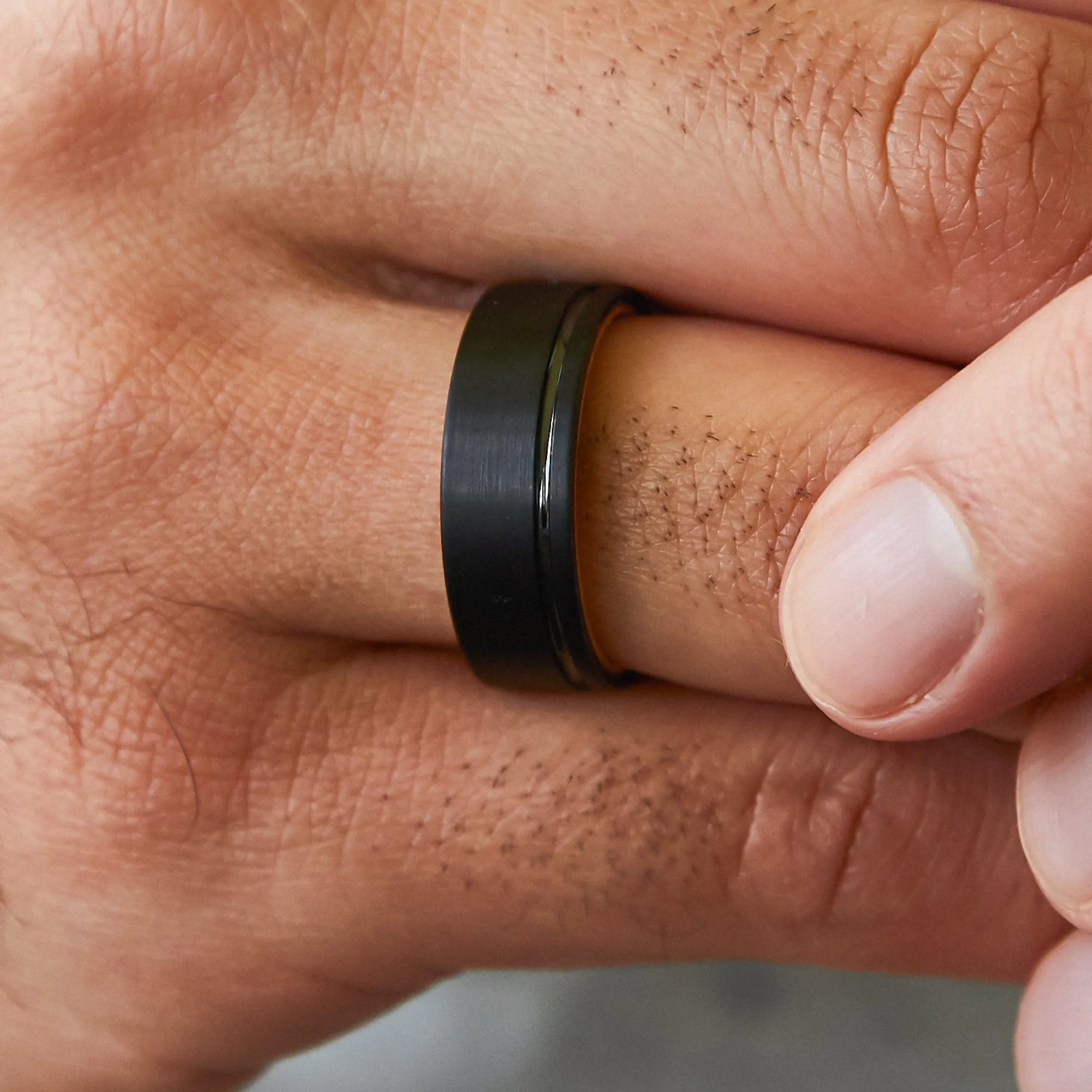 Black with Line and Wood Men's Wedding Ring