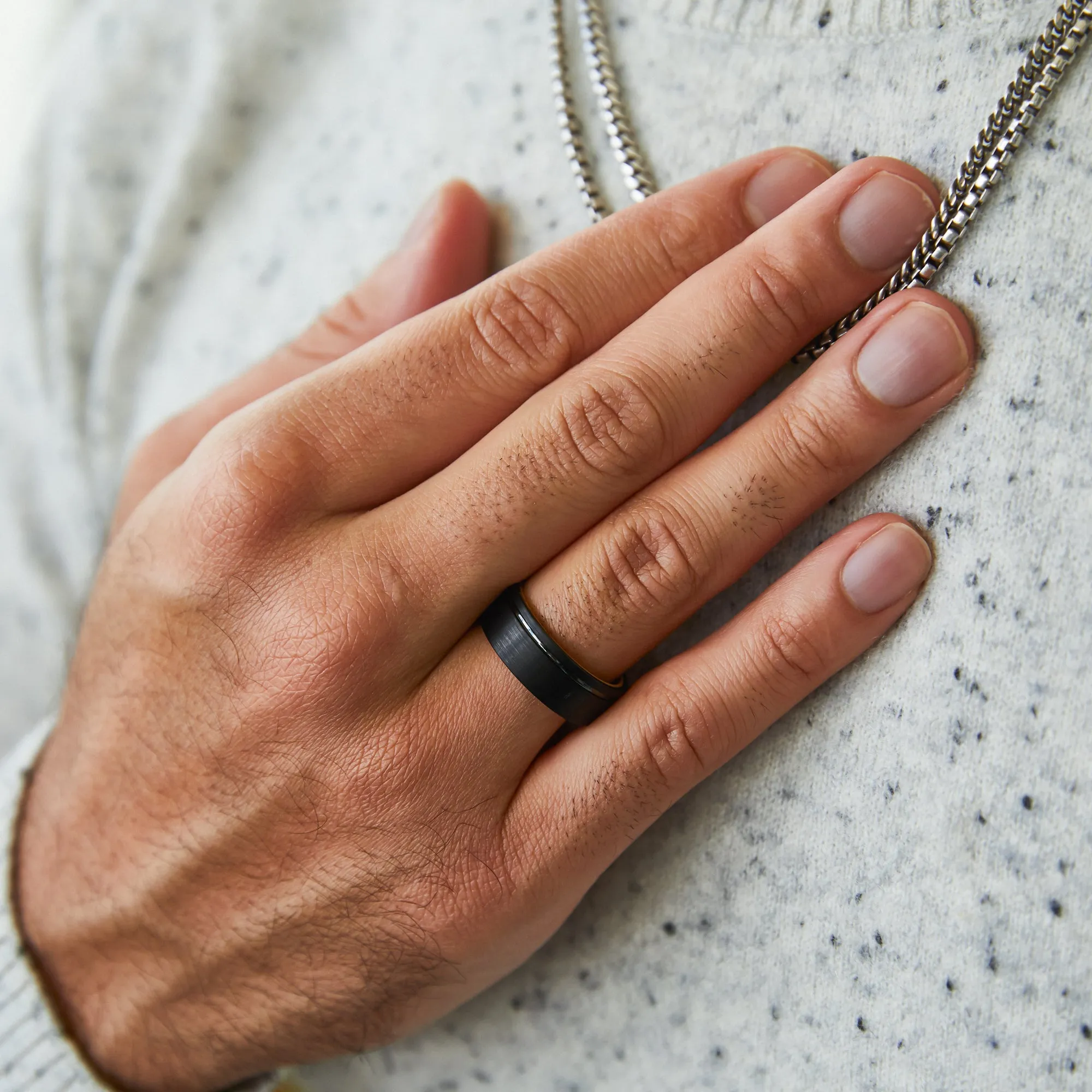 Black with Line and Wood Men's Wedding Ring