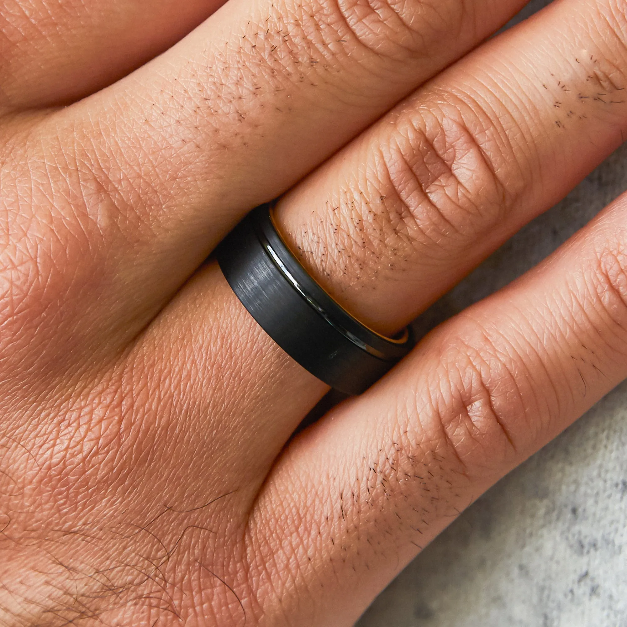 Black with Line and Wood Men's Wedding Ring