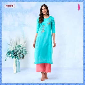 Blue Embroidered Kurta With Contrasting Pants