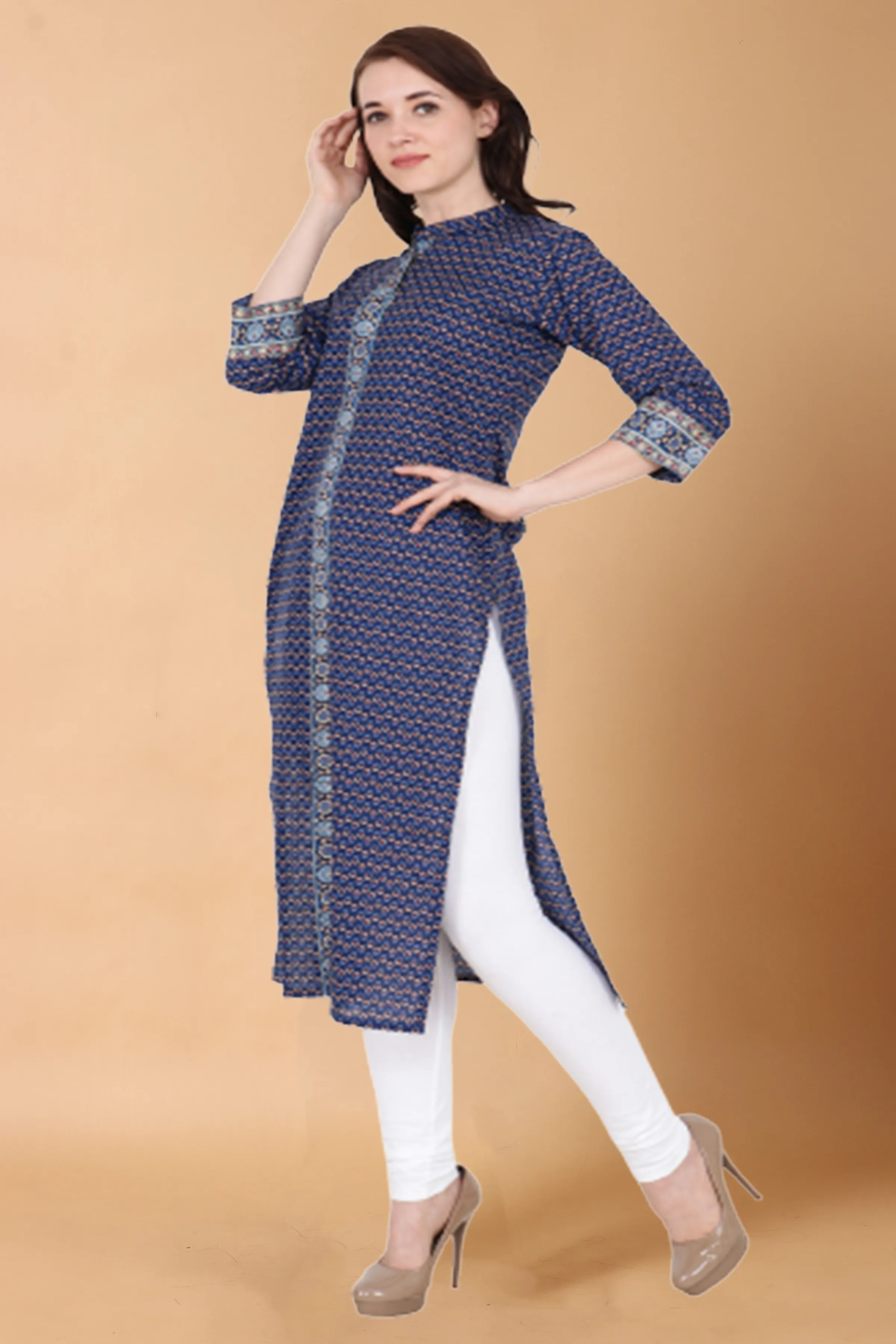 Blue Printed Placket Kurti