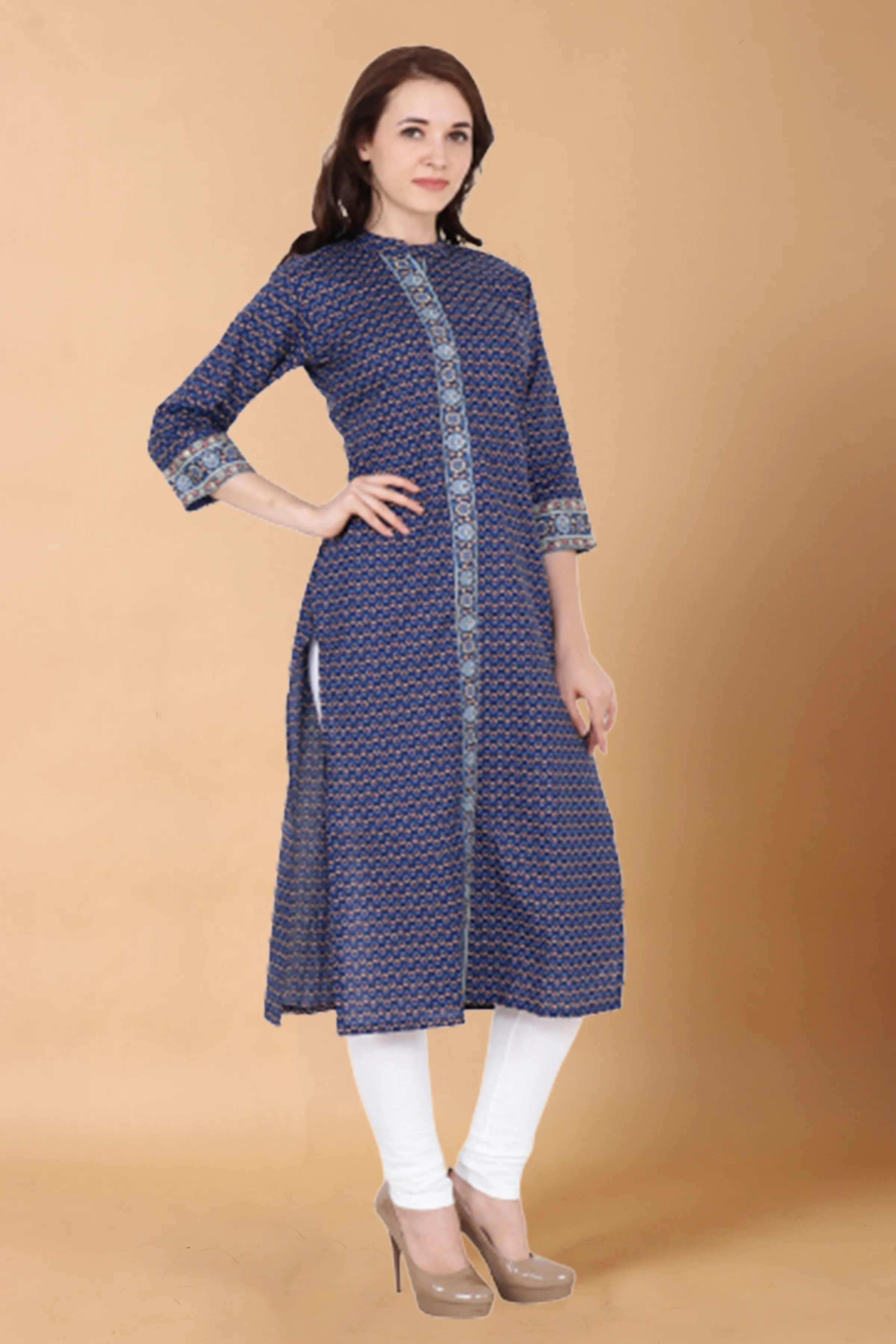 Blue Printed Placket Kurti