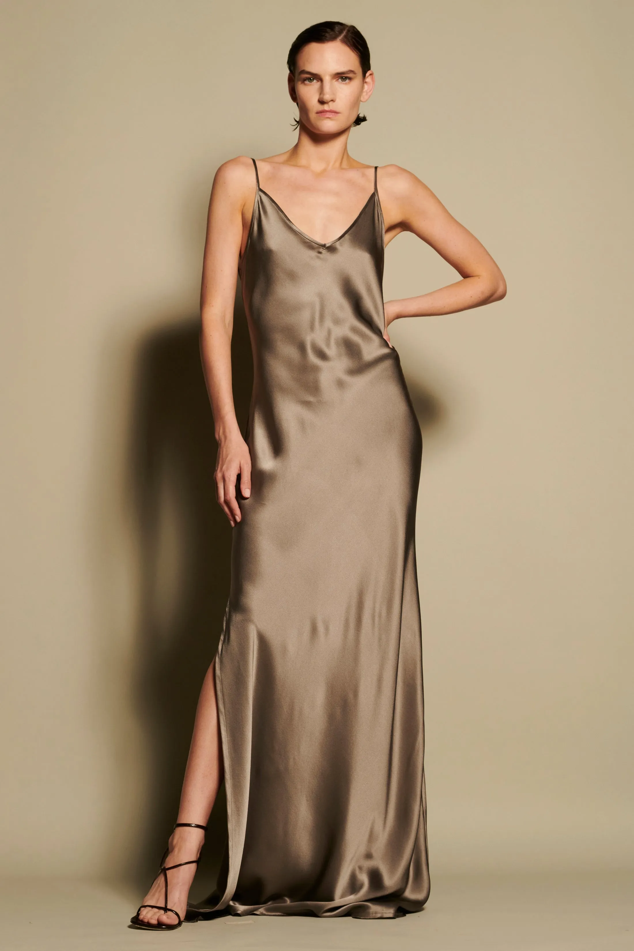 BM Full Length Slip Dress with Slit - Chocolate