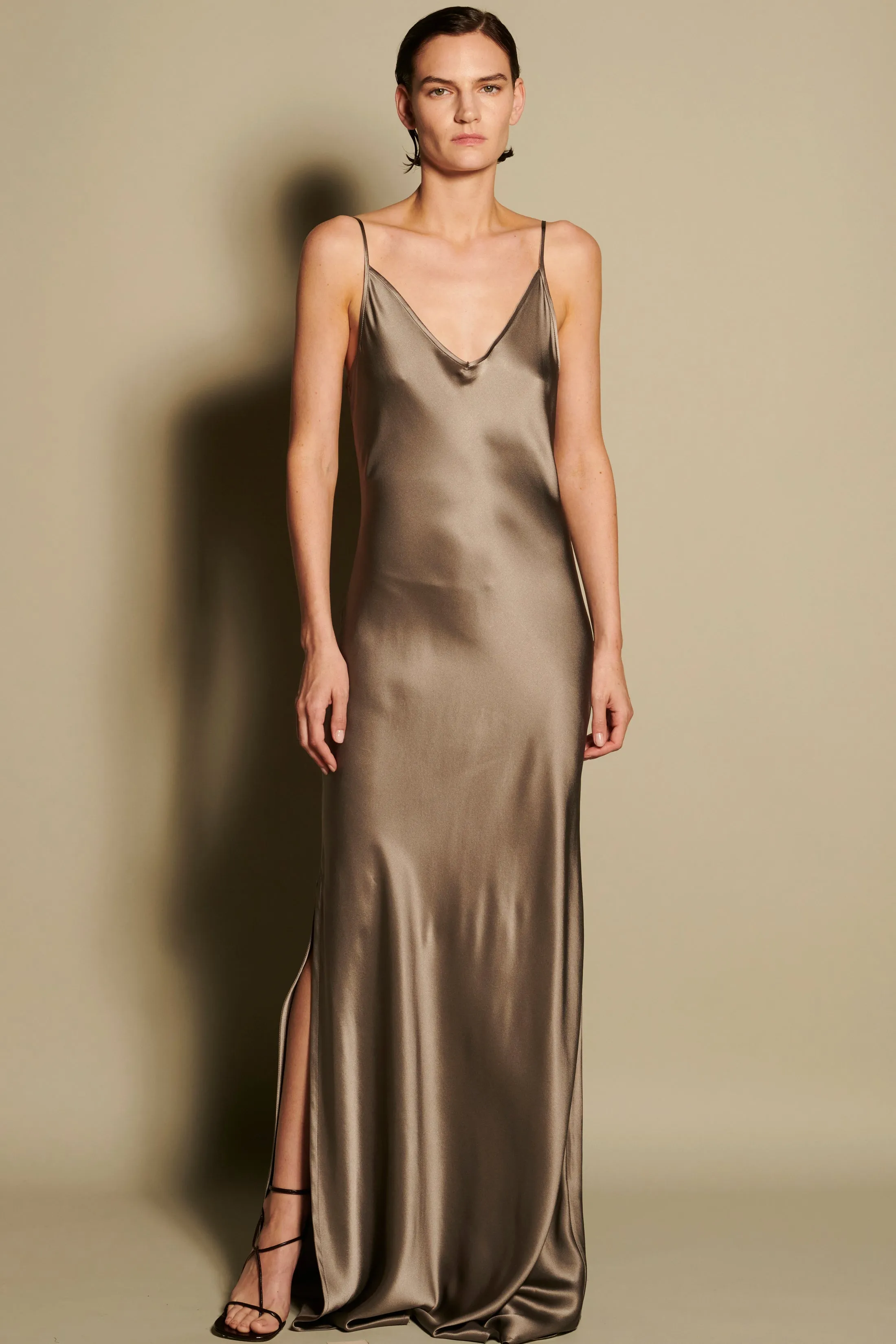 BM Full Length Slip Dress with Slit - Chocolate