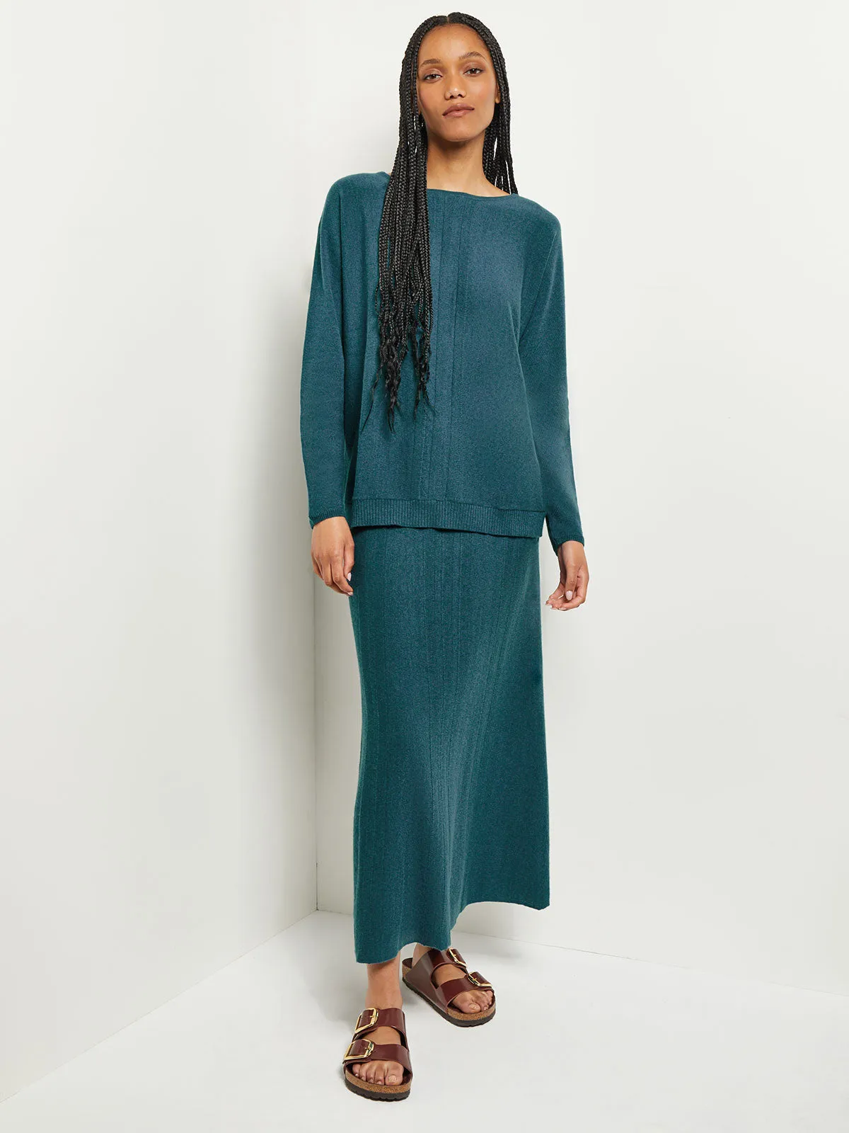 Boat Neck Textural Stripe Cashmere Tunic, Marine Teal