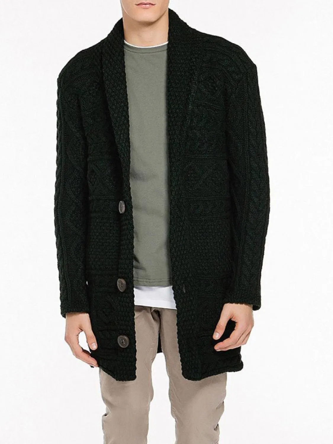 Button Front Shawl Collar Wool Blend Cardigan Forest Green