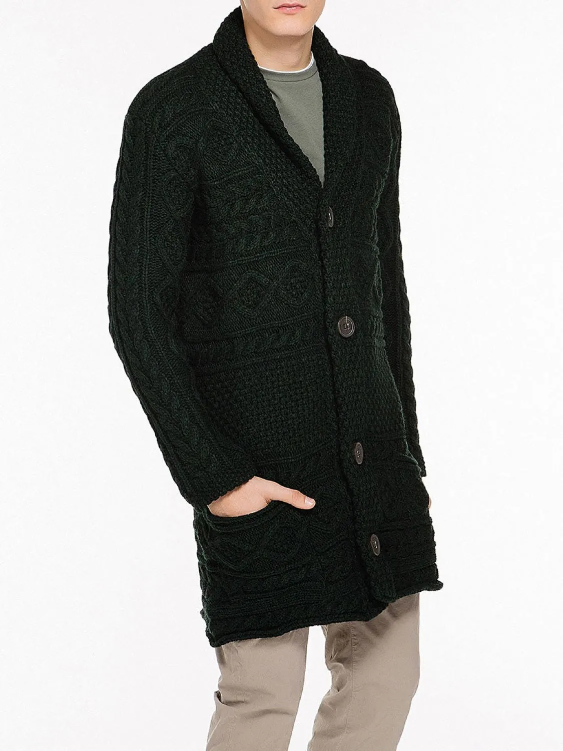 Button Front Shawl Collar Wool Blend Cardigan Forest Green