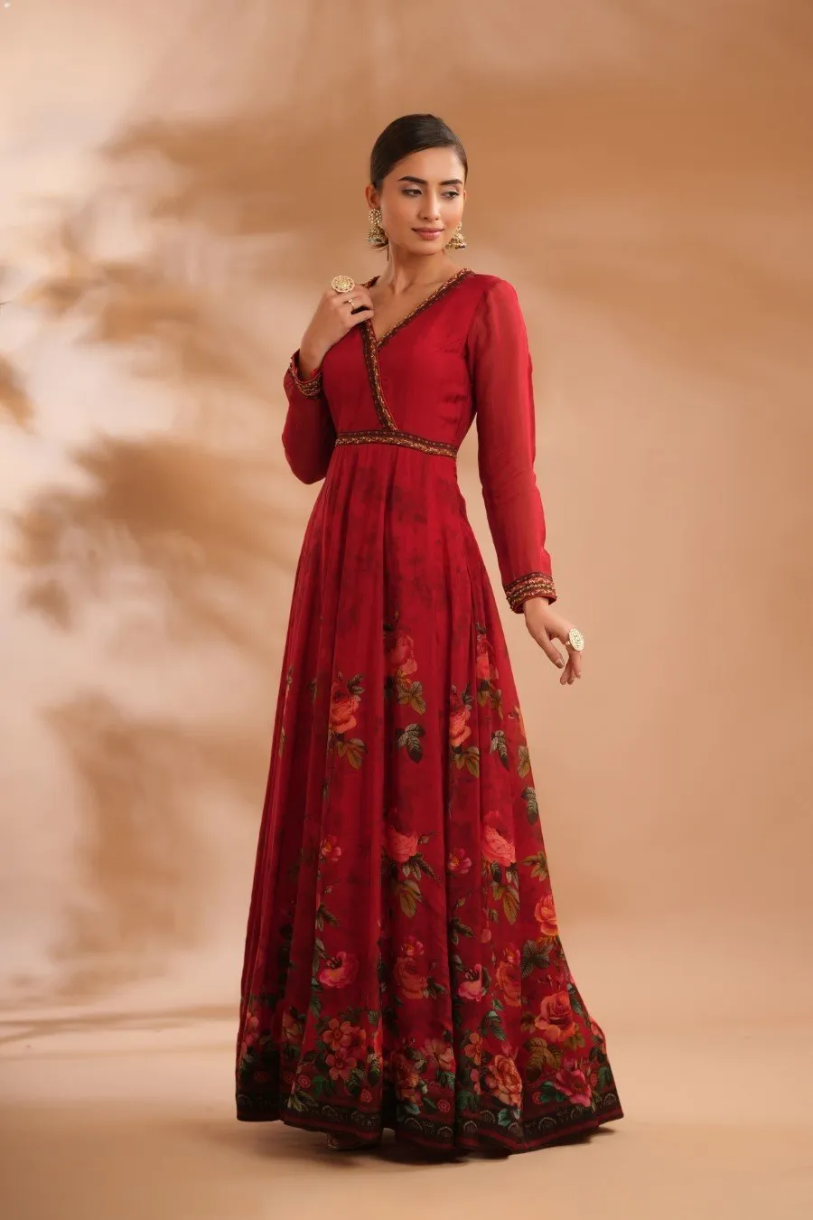 Carmine Red Floral Mulberry Silk Dress