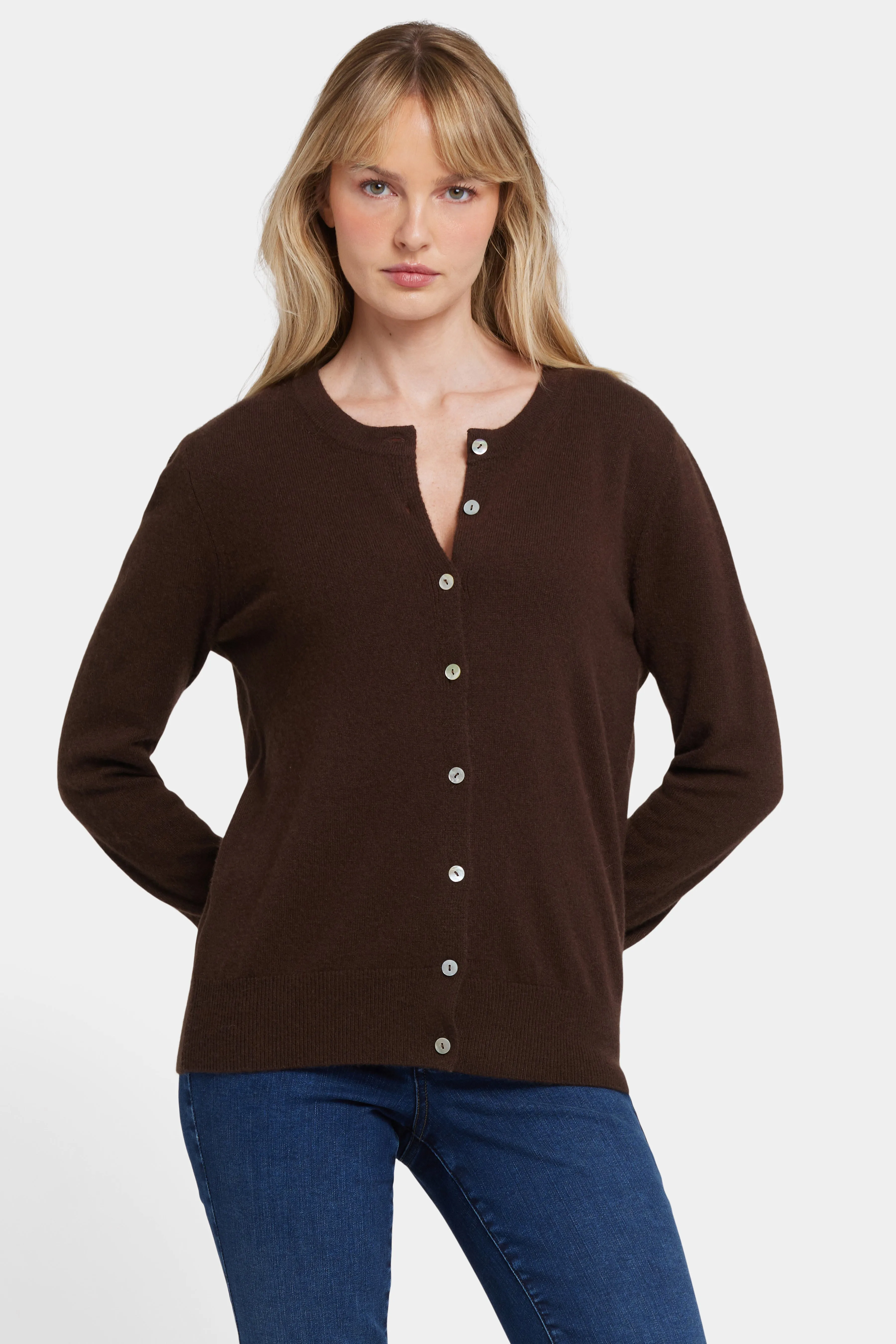 Cashmere Crewneck Cardigan - Brown