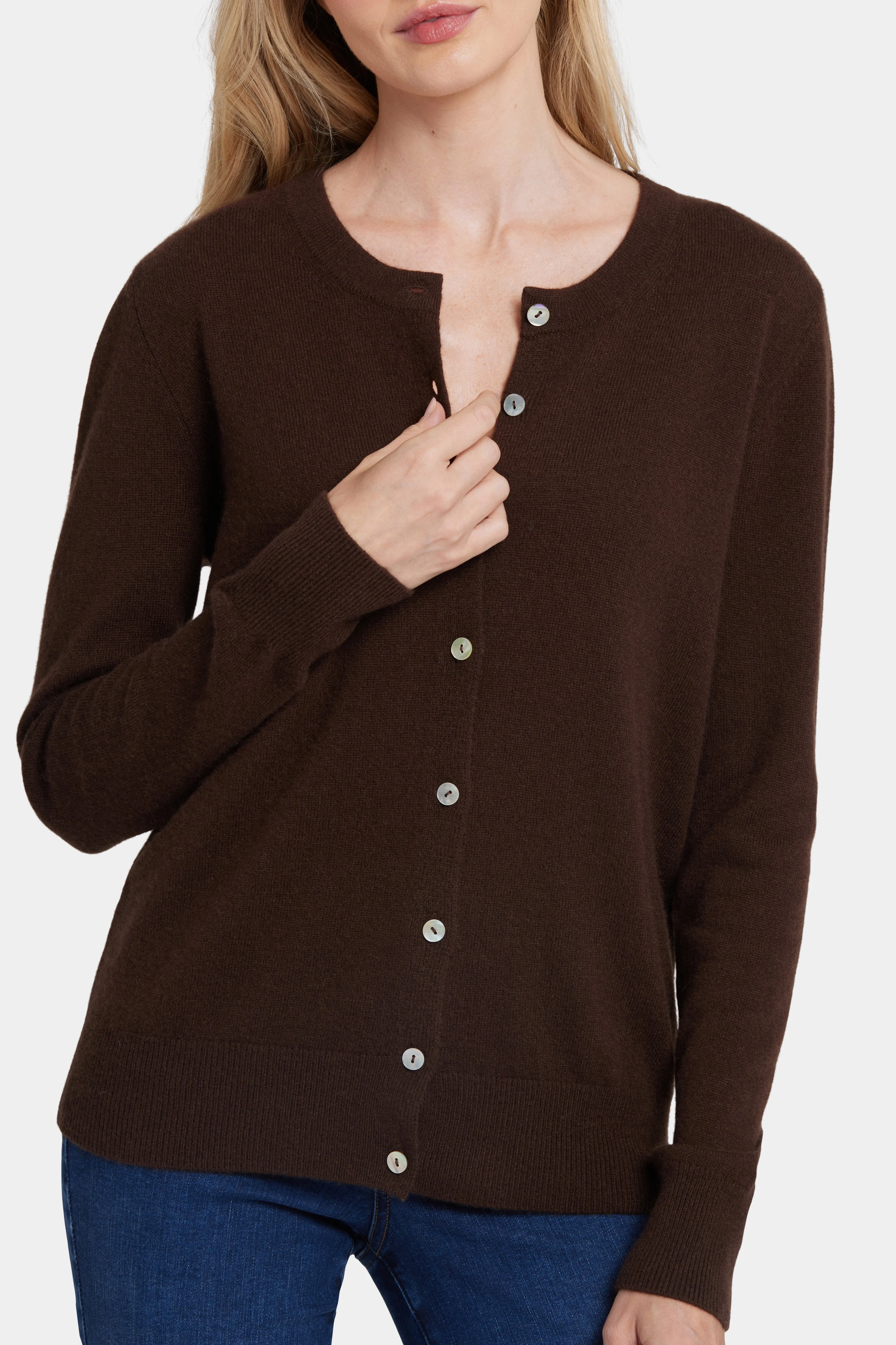 Cashmere Crewneck Cardigan - Brown