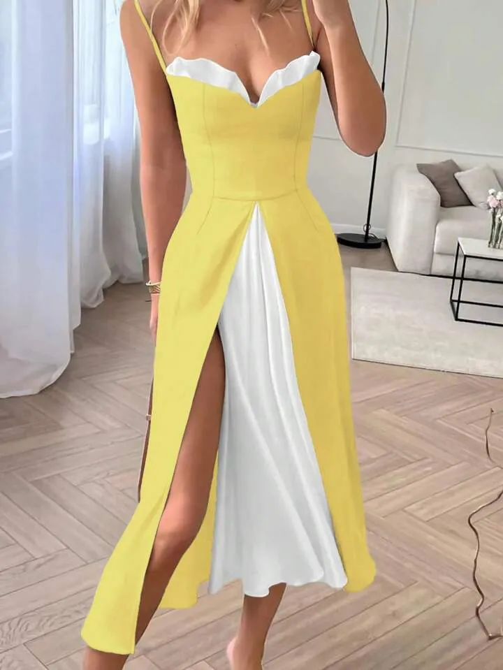 Colorblock sphaghetti strap midi dress in yellow