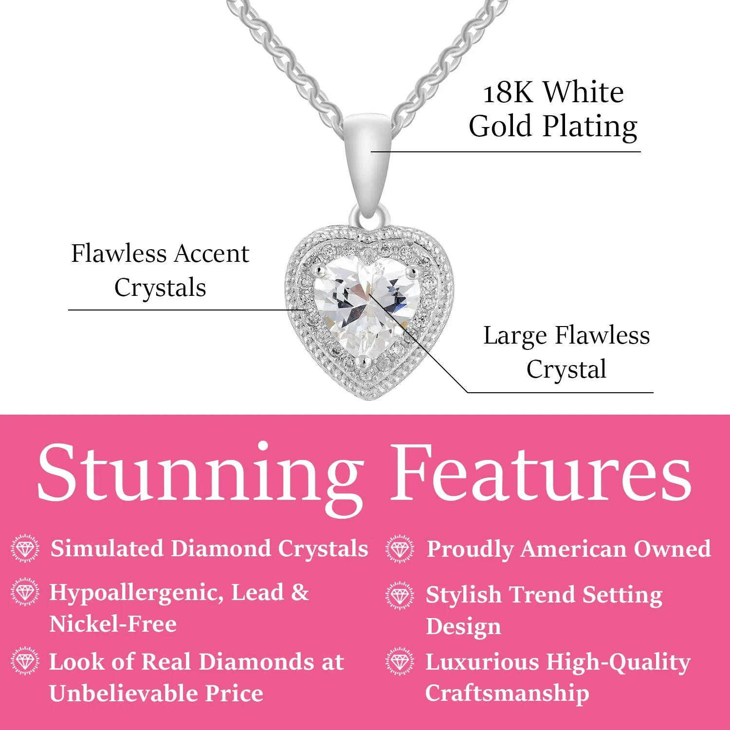 Coraline 18k White Gold Plated Heart Pendant Necklace with Simulated Diamond CZ Crystals