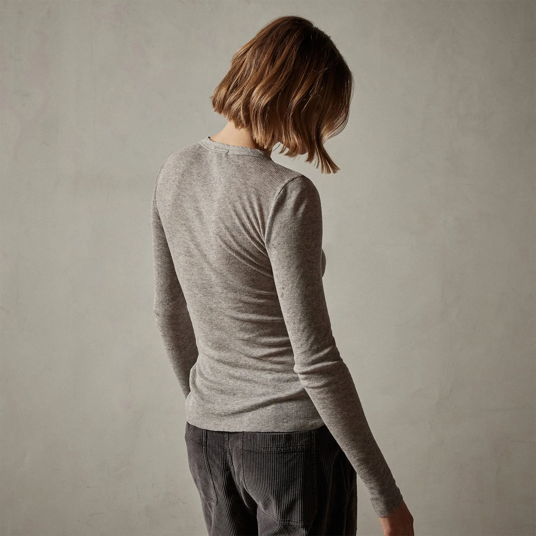 Cotton Cashmere Blend Ribbed Long Sleeve Crew - Heather Grey