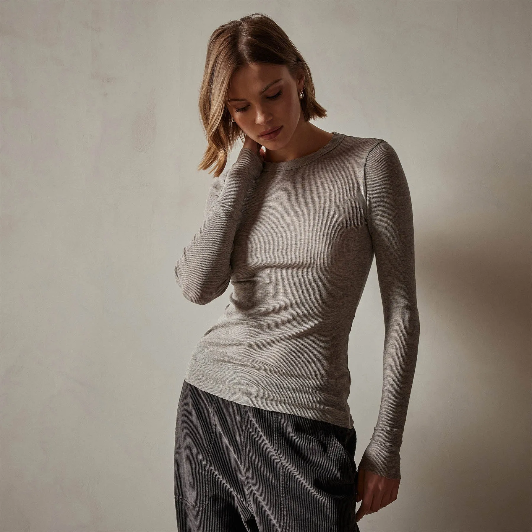 Cotton Cashmere Blend Ribbed Long Sleeve Crew - Heather Grey