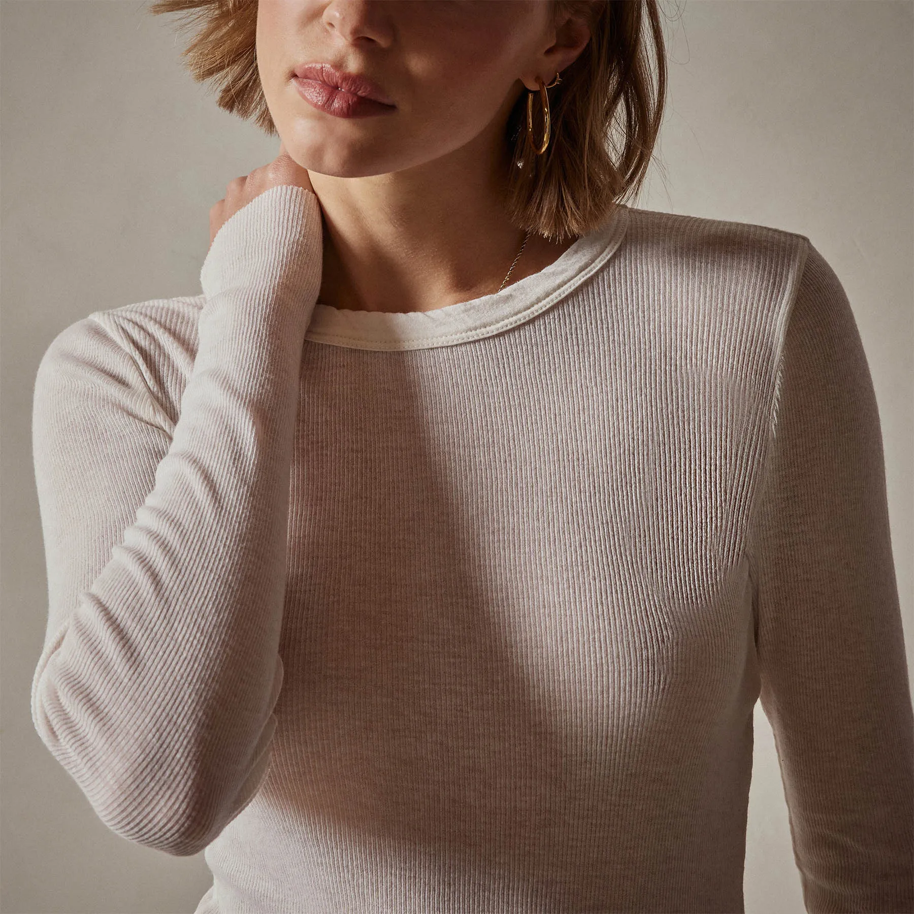 Cotton Cashmere Blend Ribbed Long Sleeve Crew - Ivory