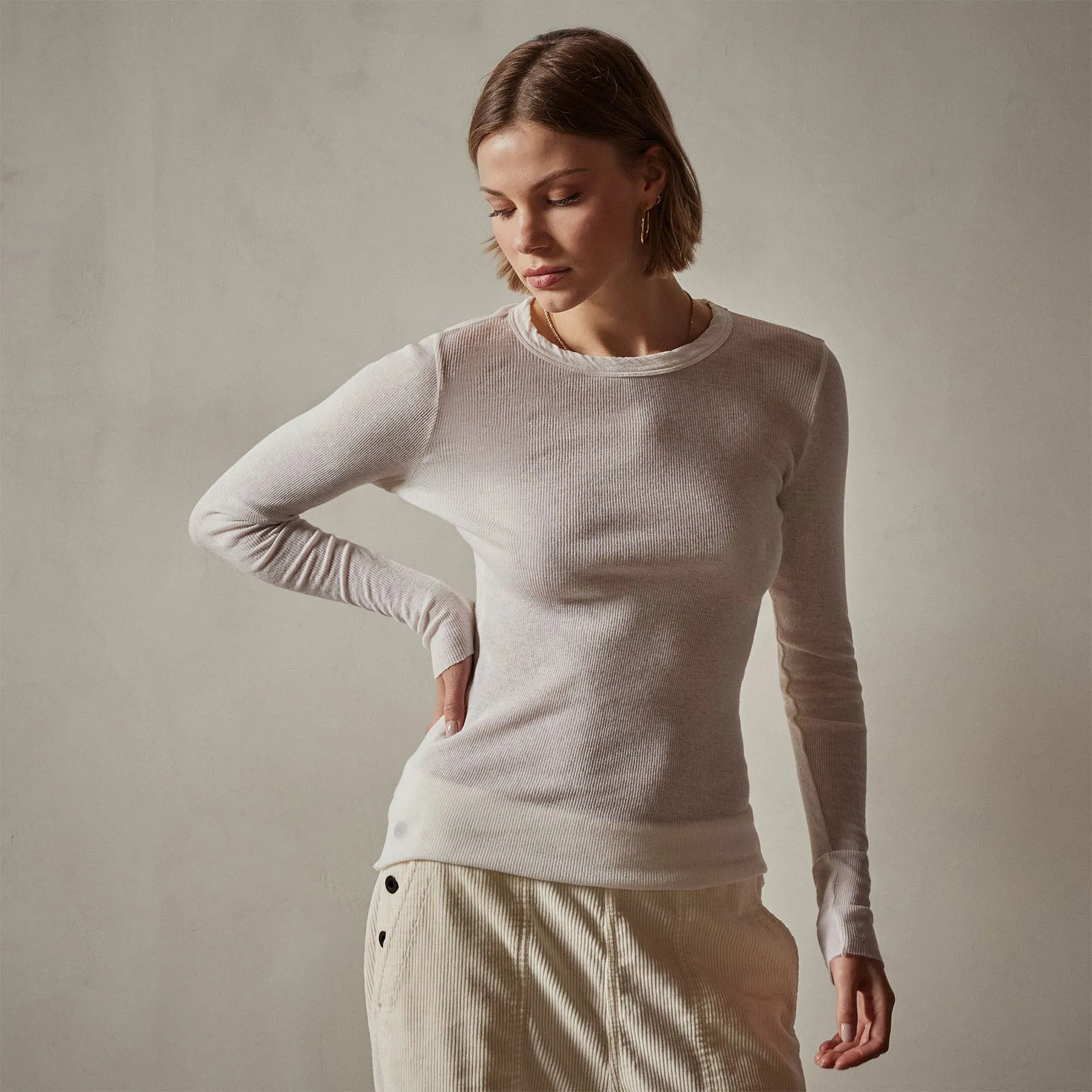 Cotton Cashmere Blend Ribbed Long Sleeve Crew - Ivory