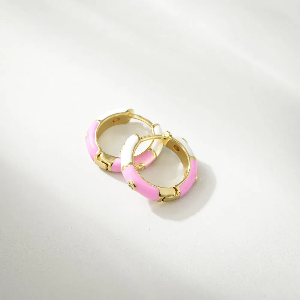 Dainty Dual-color Enamel Small Hoop Colorful Cute Huggie Earrings with White-Pink Color