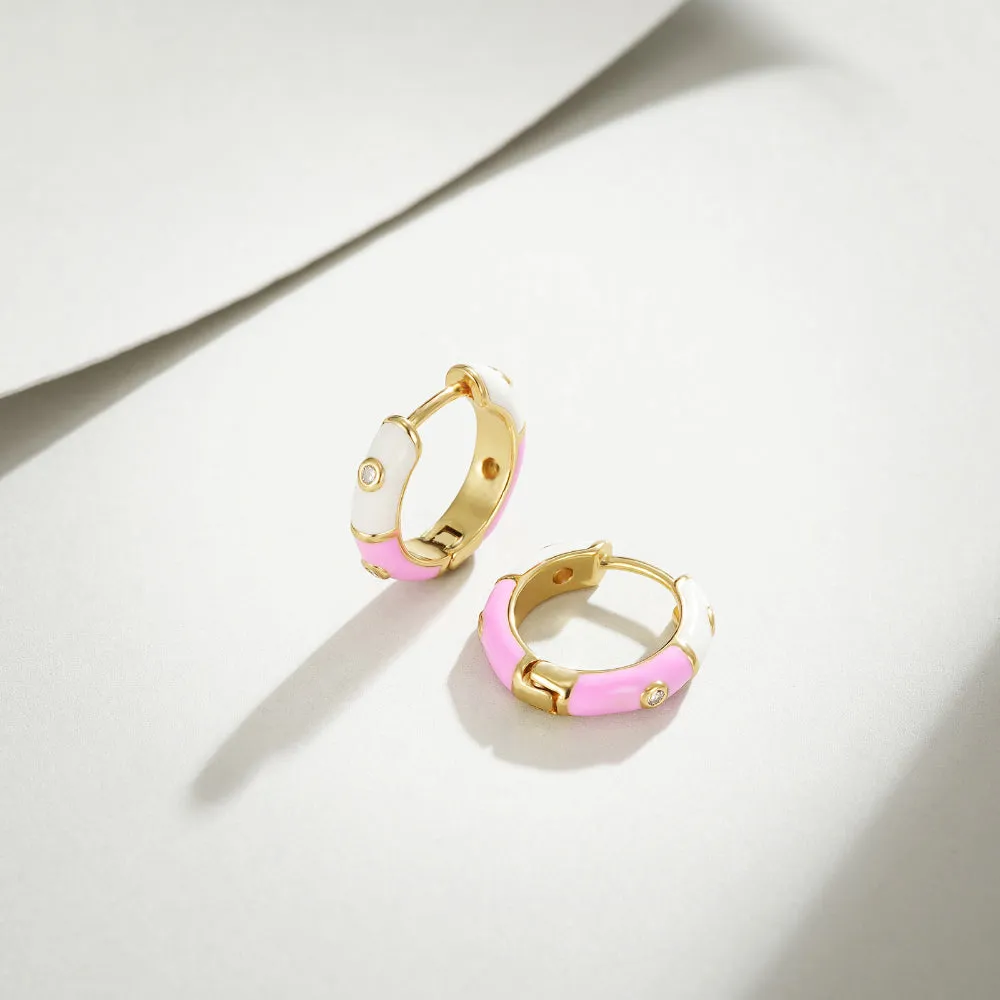 Dainty Dual-color Enamel Small Hoop Colorful Cute Huggie Earrings with White-Pink Color