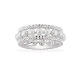 Double Paved Hoop Ring with Pearls - White Silver