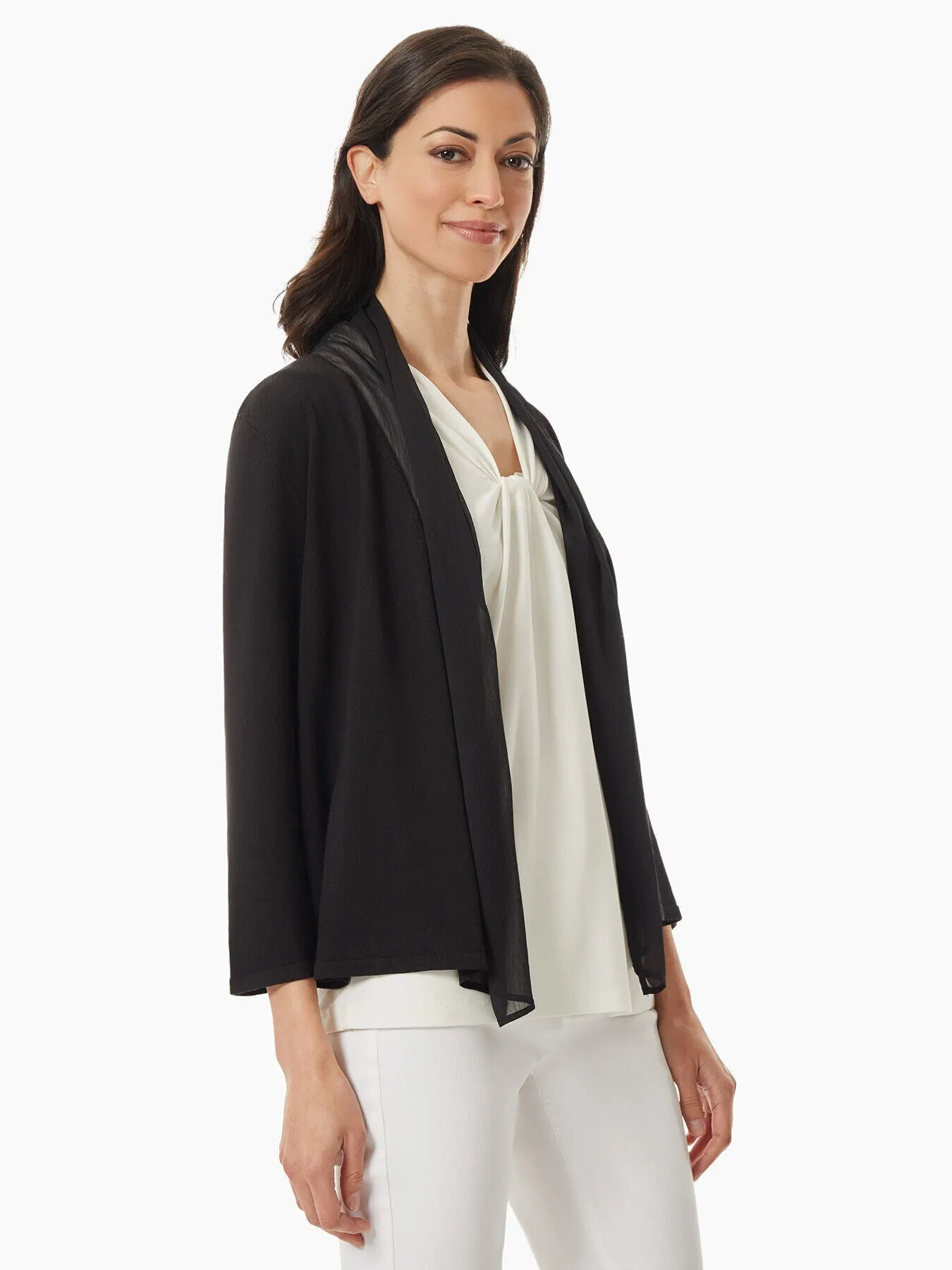 Draped Chiffon Open-Front Cardigan