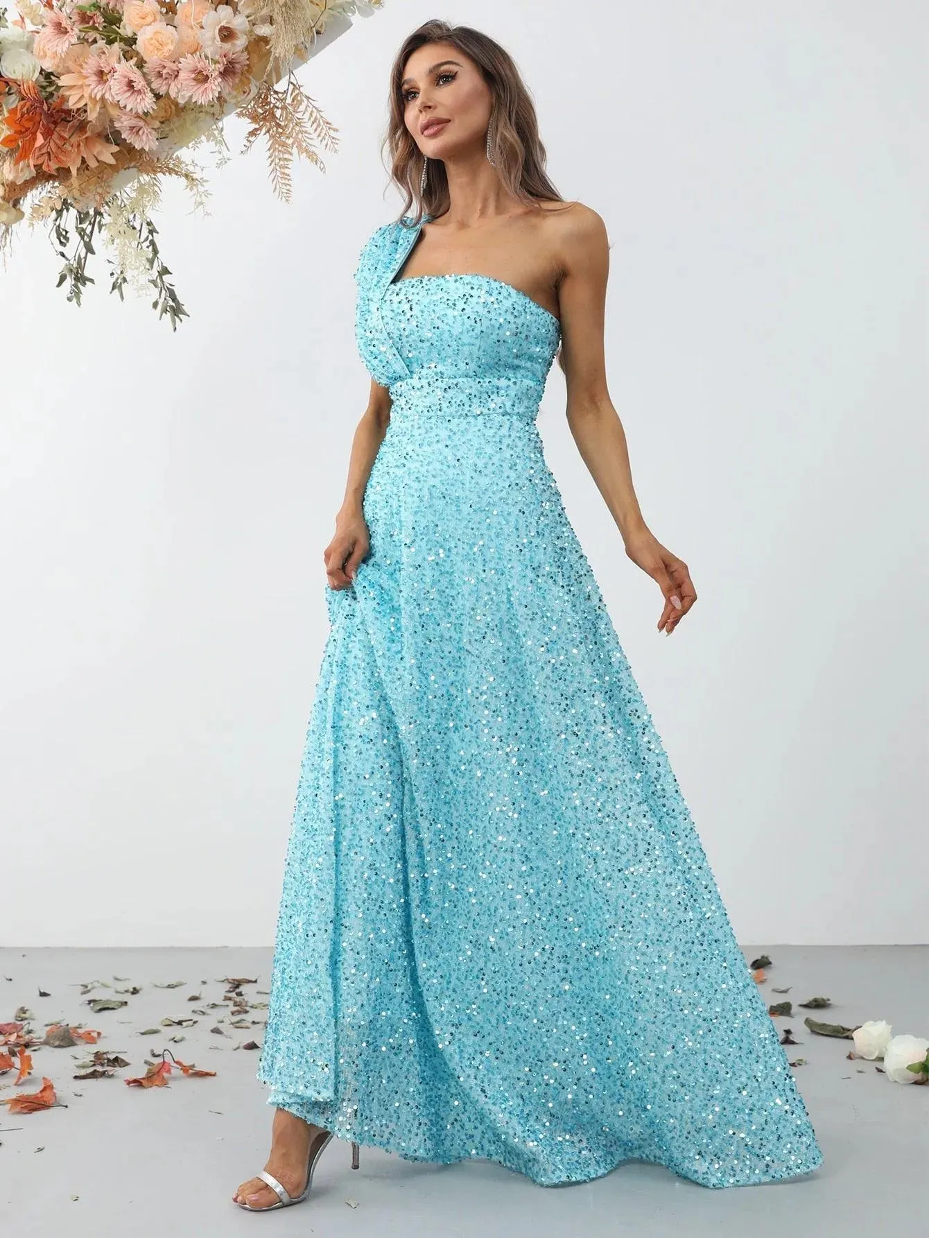 Elegant One Shoulder Sequin A Line Dresses