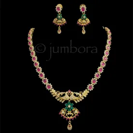 Elegant Peacock Ruby & Emerald AD Zircon (CZ) Necklace