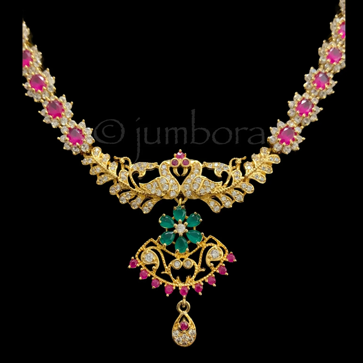 Elegant Peacock Ruby & Emerald AD Zircon (CZ) Necklace