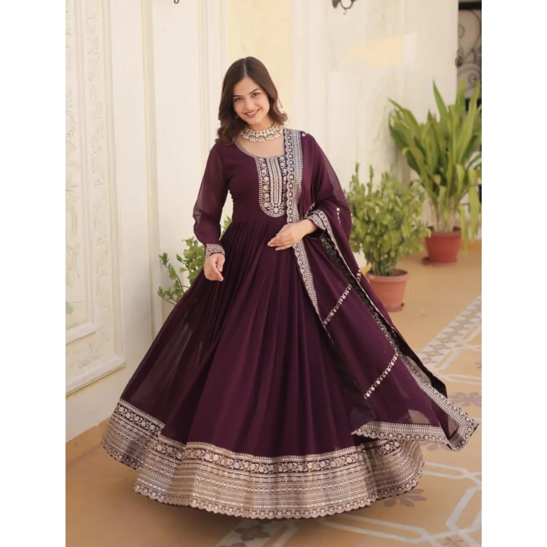 Embroidery Sequence Wedding wear Wine Women's Gown Dupatta Suit