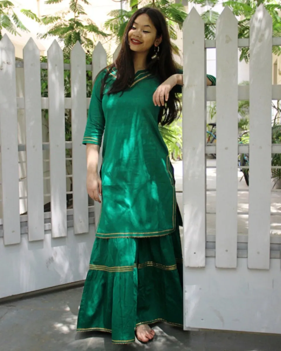 Emerald Green Maharani Kurti Gharara - Set of 2