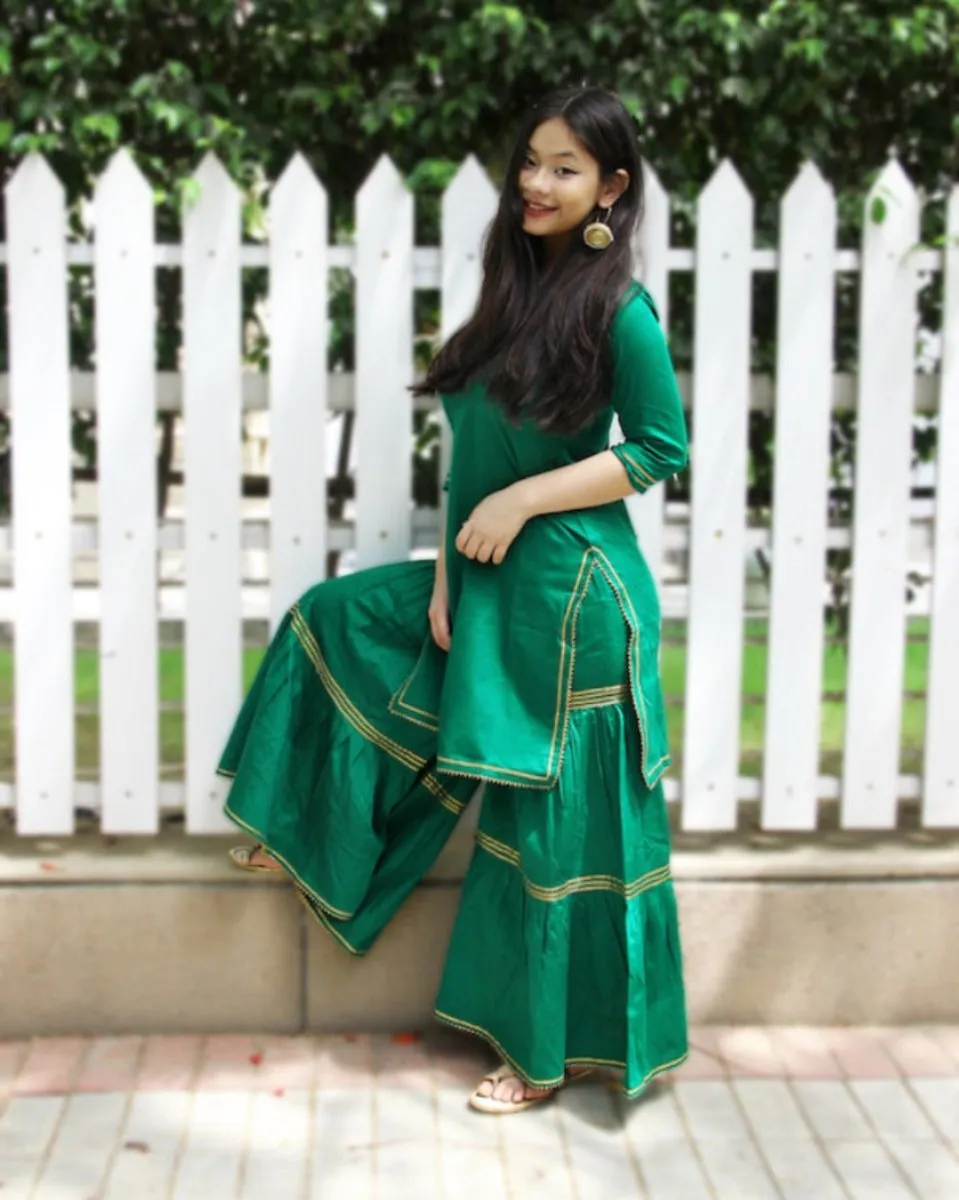 Emerald Green Maharani Kurti Gharara - Set of 2