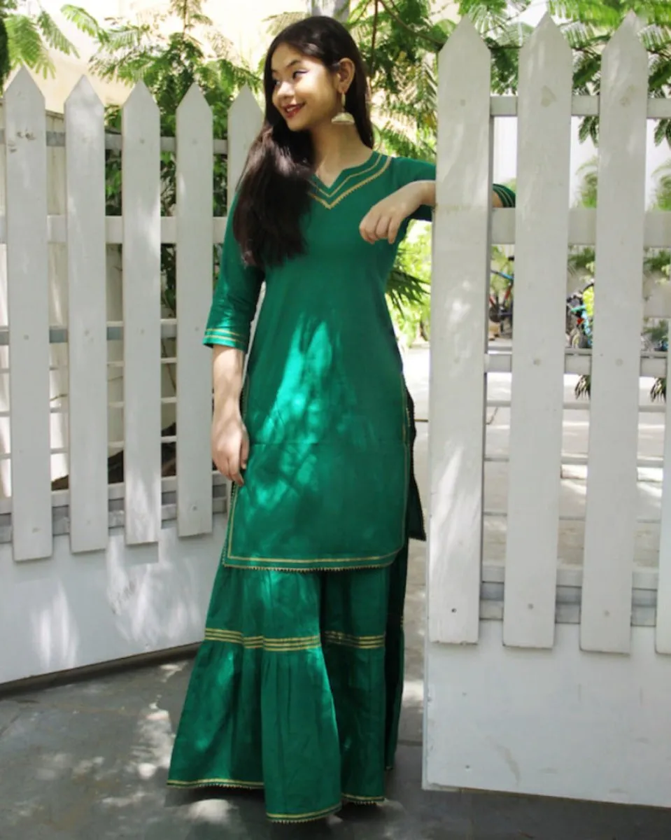 Emerald Green Maharani Kurti Gharara - Set of 2