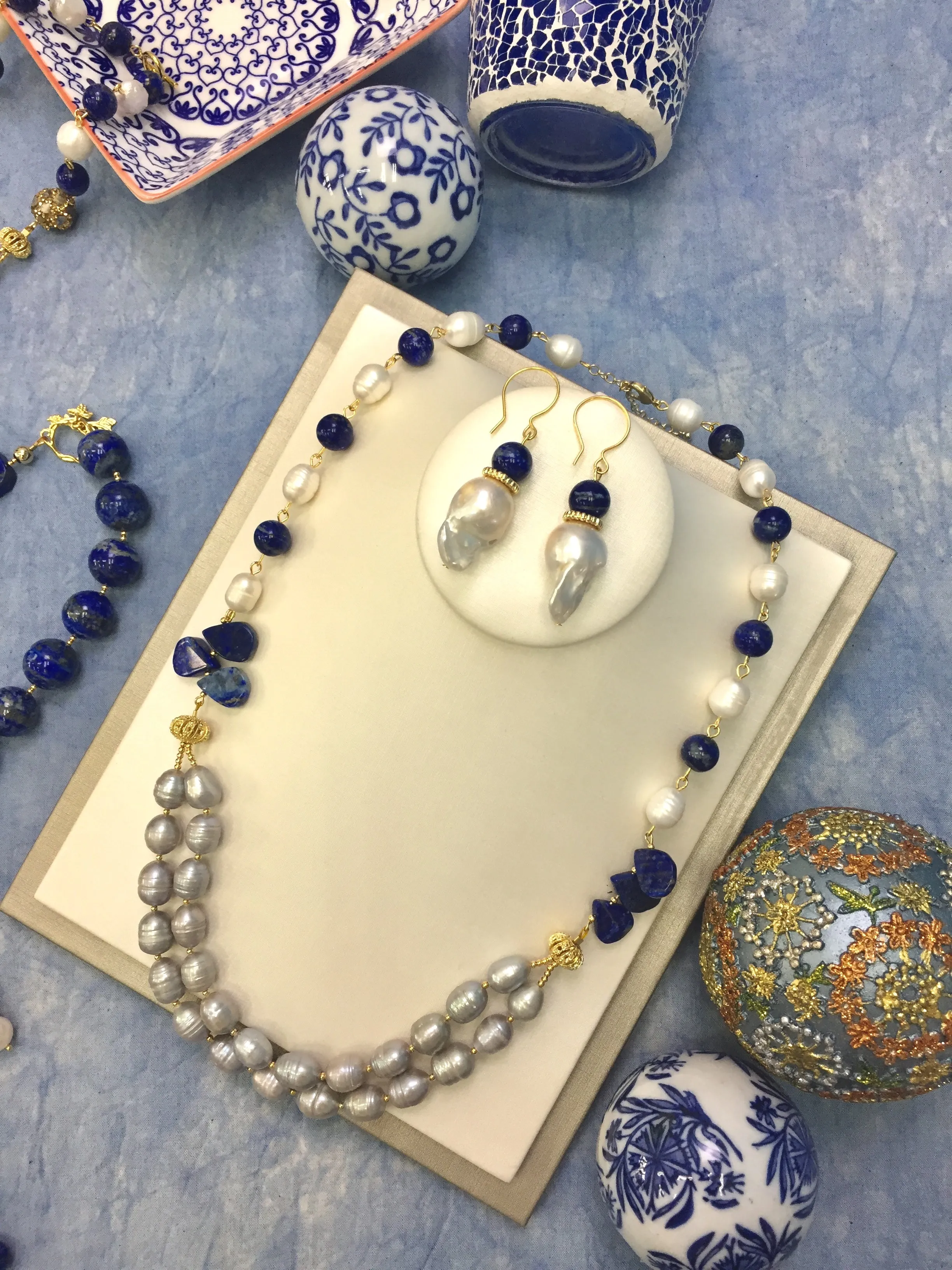 Freshwater Pearls & Lapis Double Strands Necklce CN005