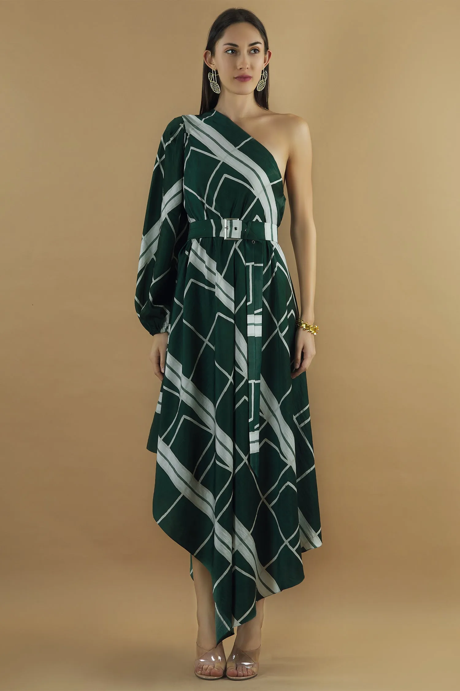 Geometric Printed One Shoulder Drape