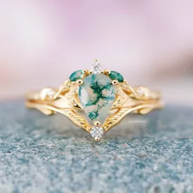 Green Moss Agate  Feather Engagement Ring- 14K Yellow Gold Vermeil