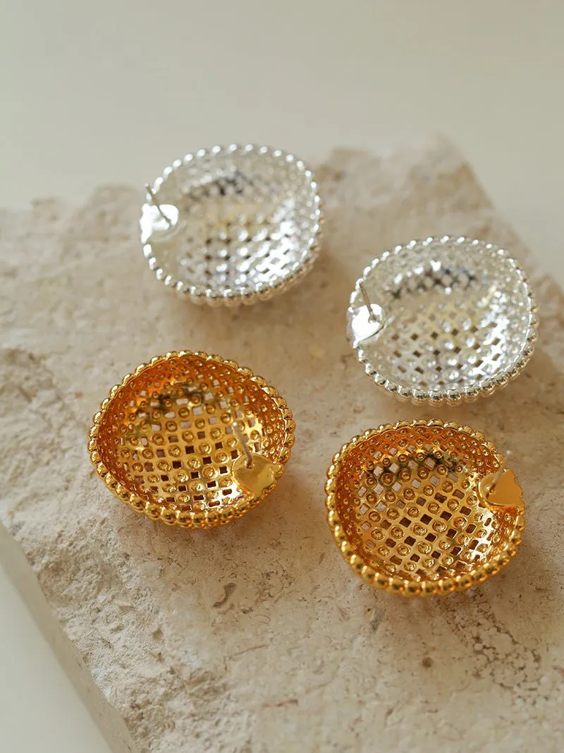 Grid Hollow Simple Gold Stud Earrings