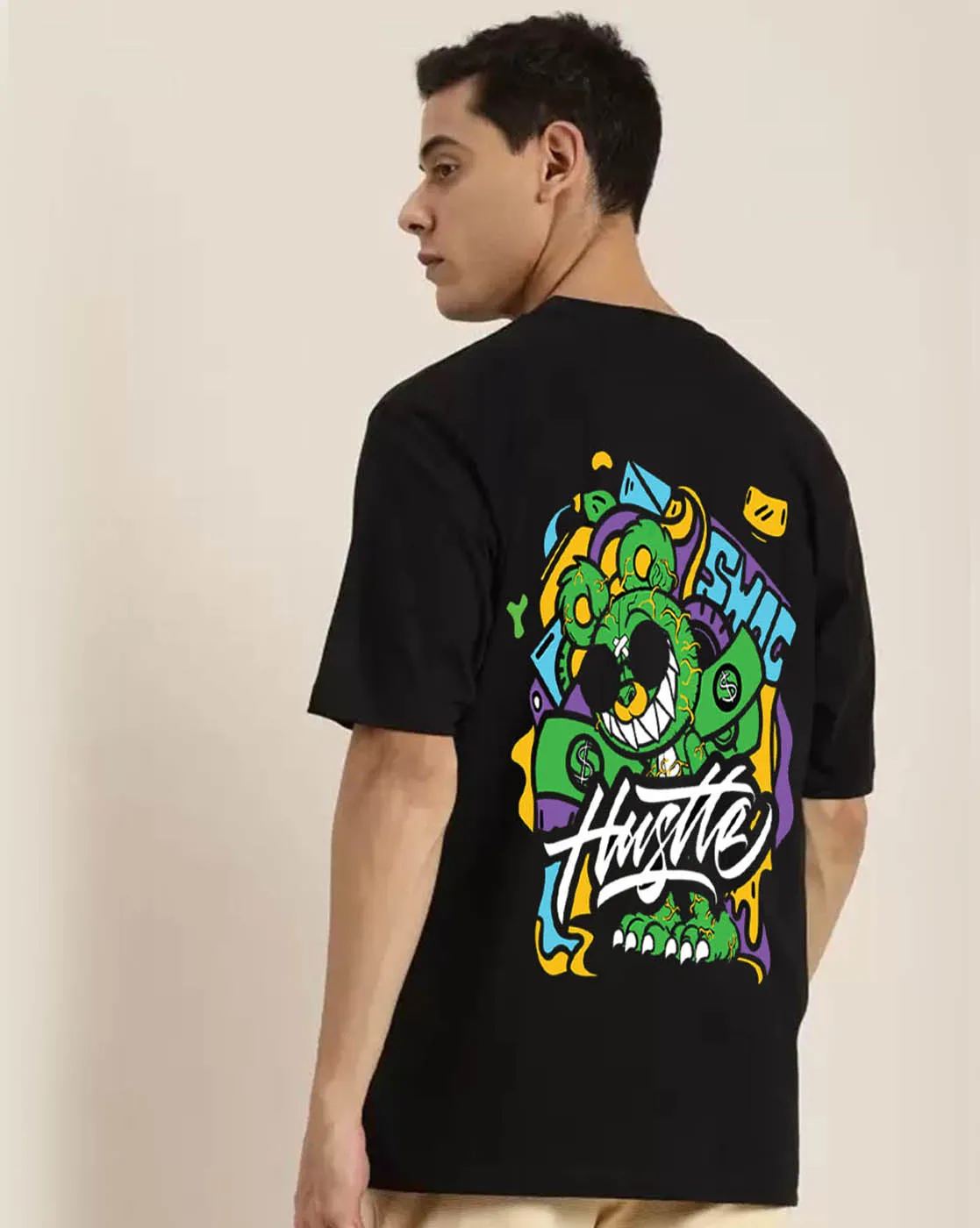 Hustle Black Oversized Back Graphic Printed Tshirt