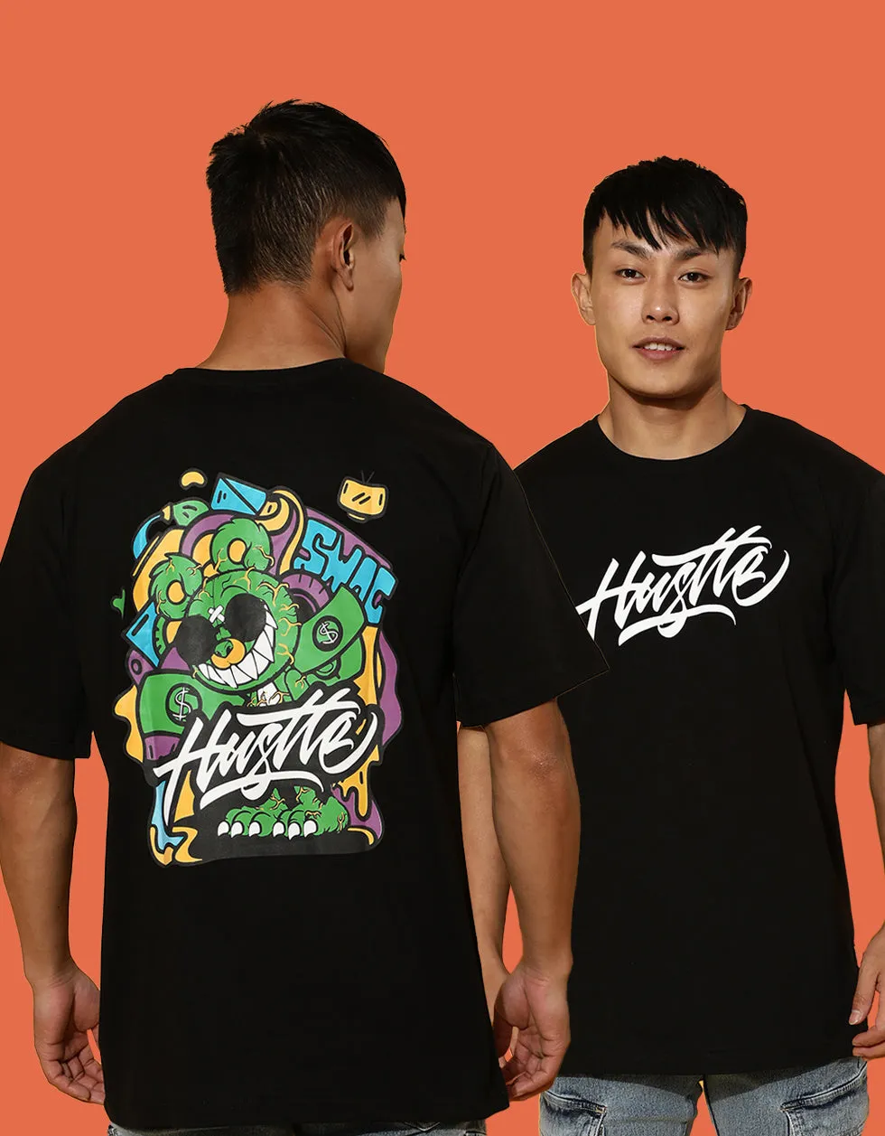 Hustle Black Oversized Back Graphic Printed Tshirt