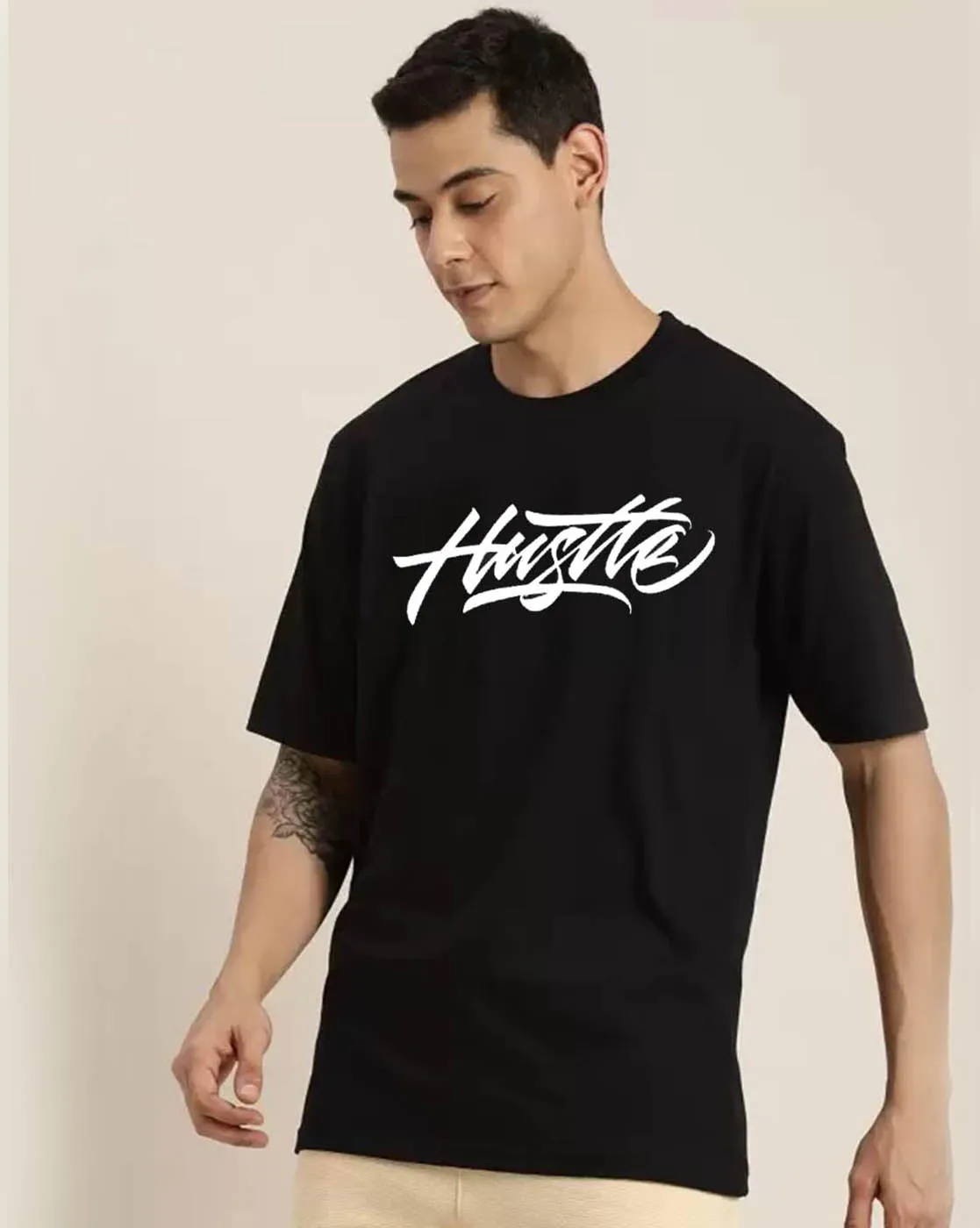 Hustle Black Oversized Back Graphic Printed Tshirt