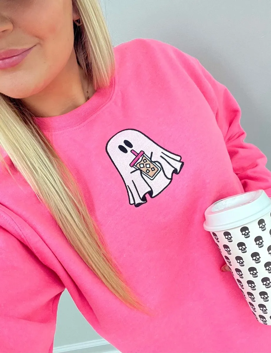 'Iced Coffee Ghost' Embroidered Crewneck Sweatshirt