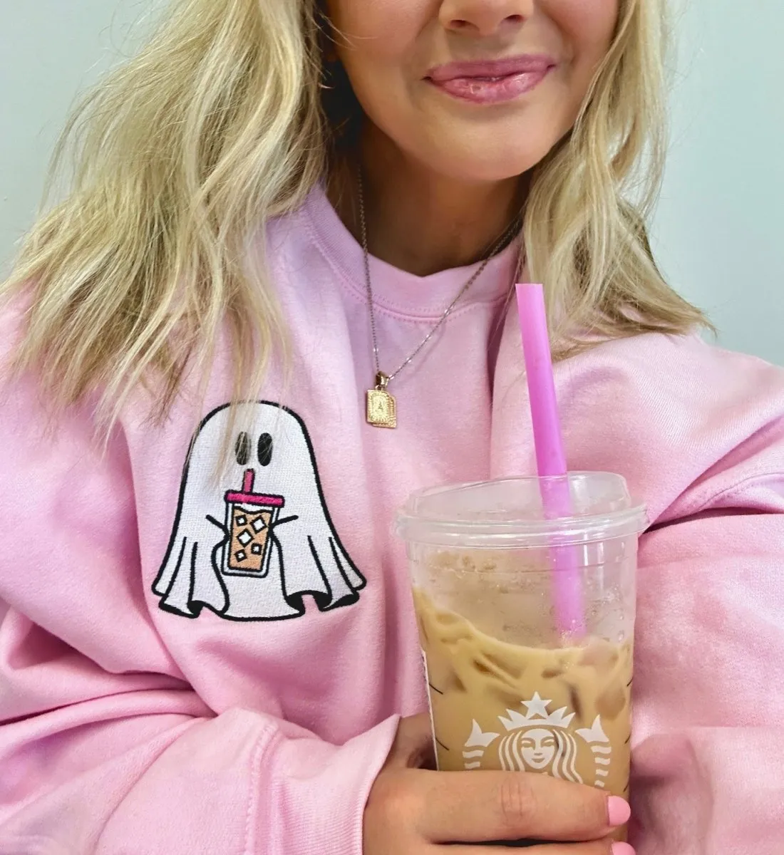 'Iced Coffee Ghost' Embroidered Crewneck Sweatshirt