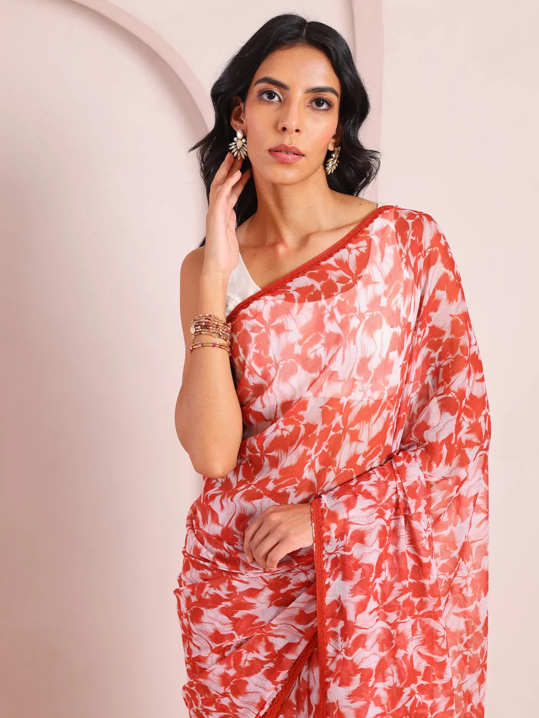 Inara Floral Abstract Printed Red Saree