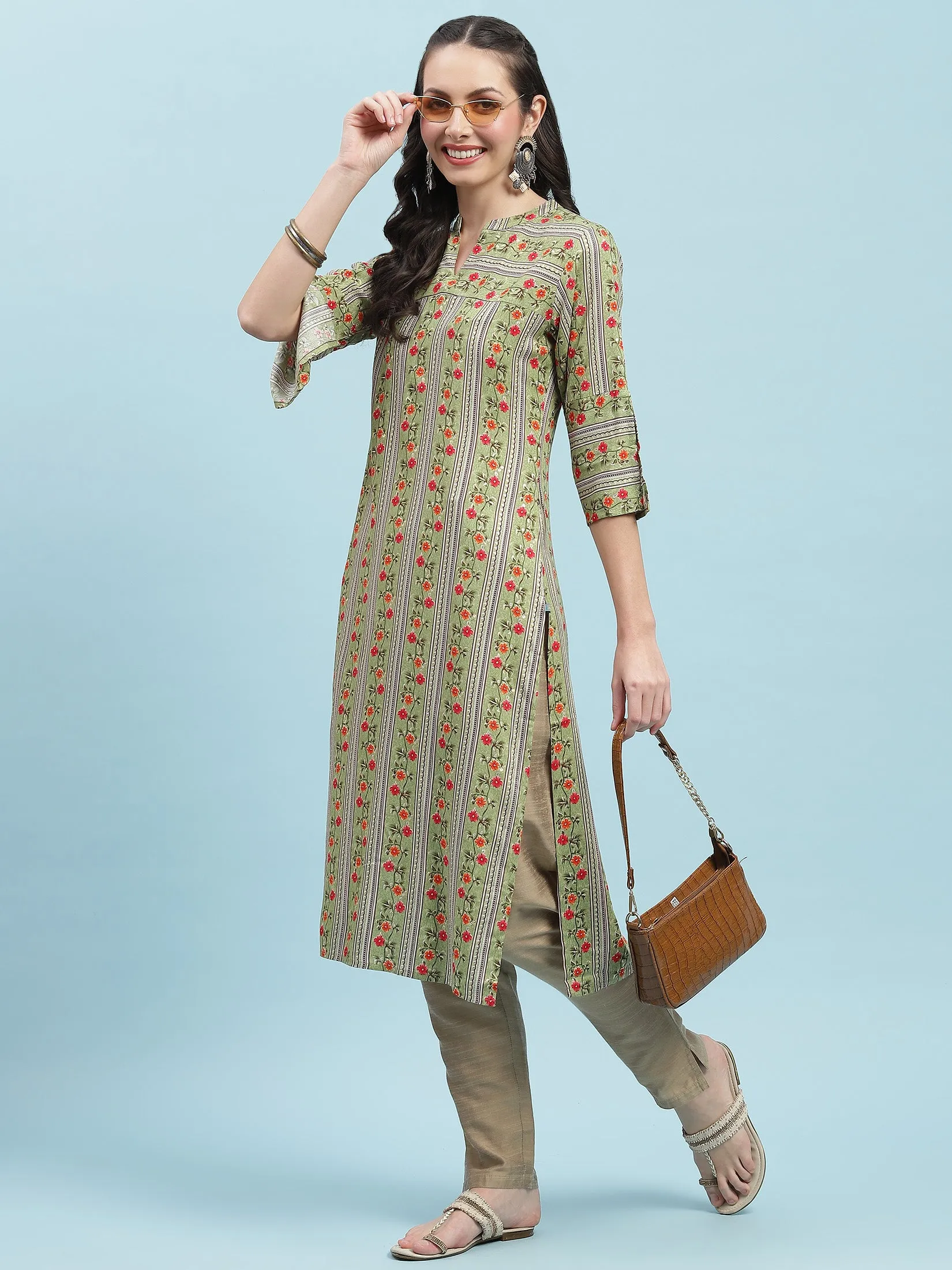 Indiessence Green Floral Printed Kurta