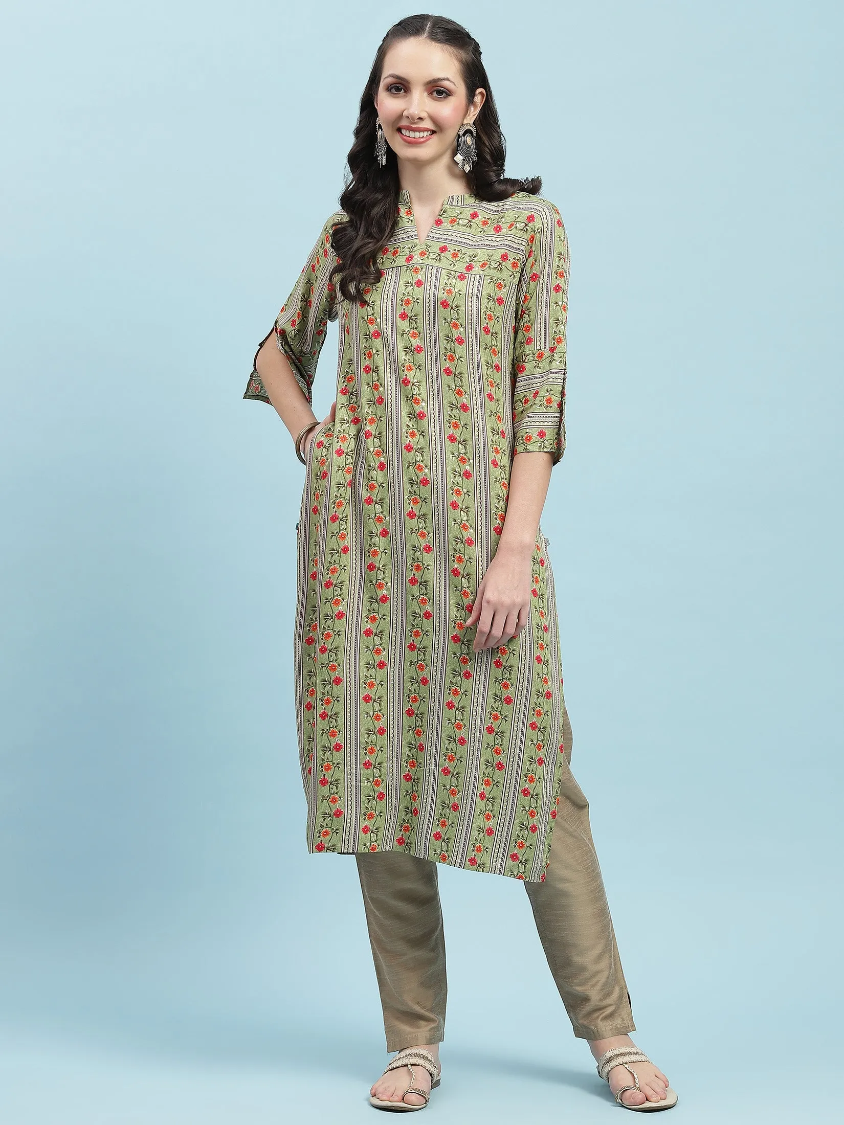 Indiessence Green Floral Printed Kurta