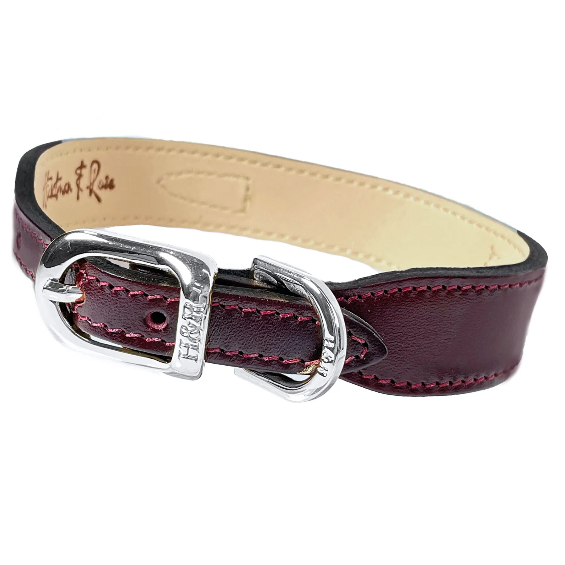 Italian Burgundy Leather Dog Collar in Nickel