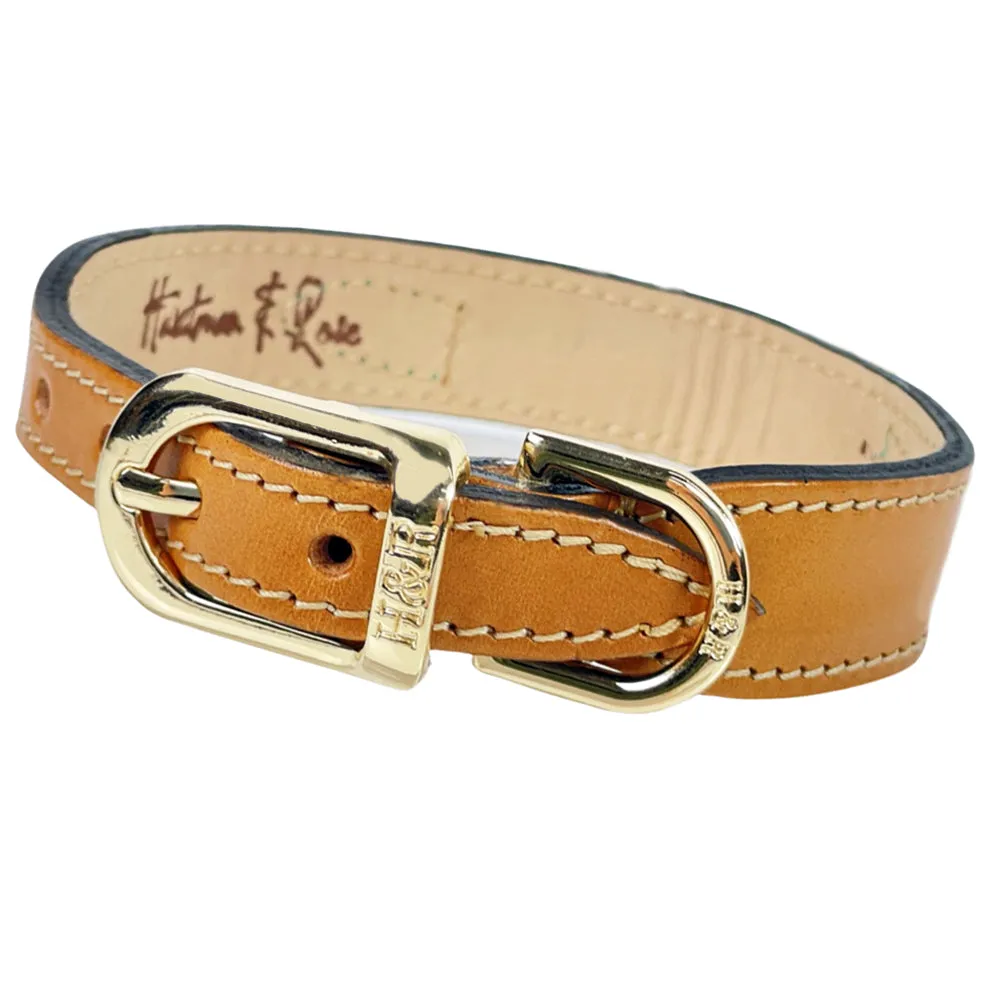 Italian Tan Leather Dog Collar in Gold