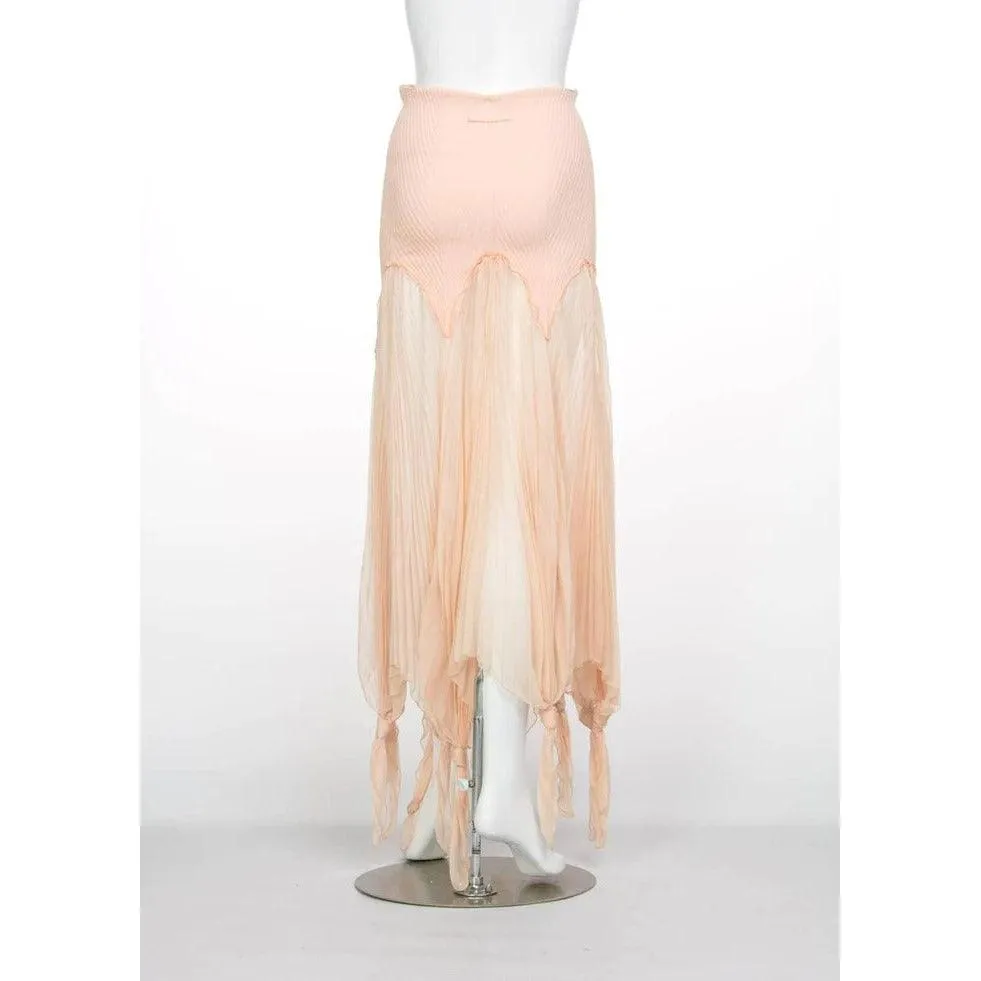 Jean Paul Gaultier Blush Crinkle Silk Chiffon Rib Knit Yoke Skirt | S