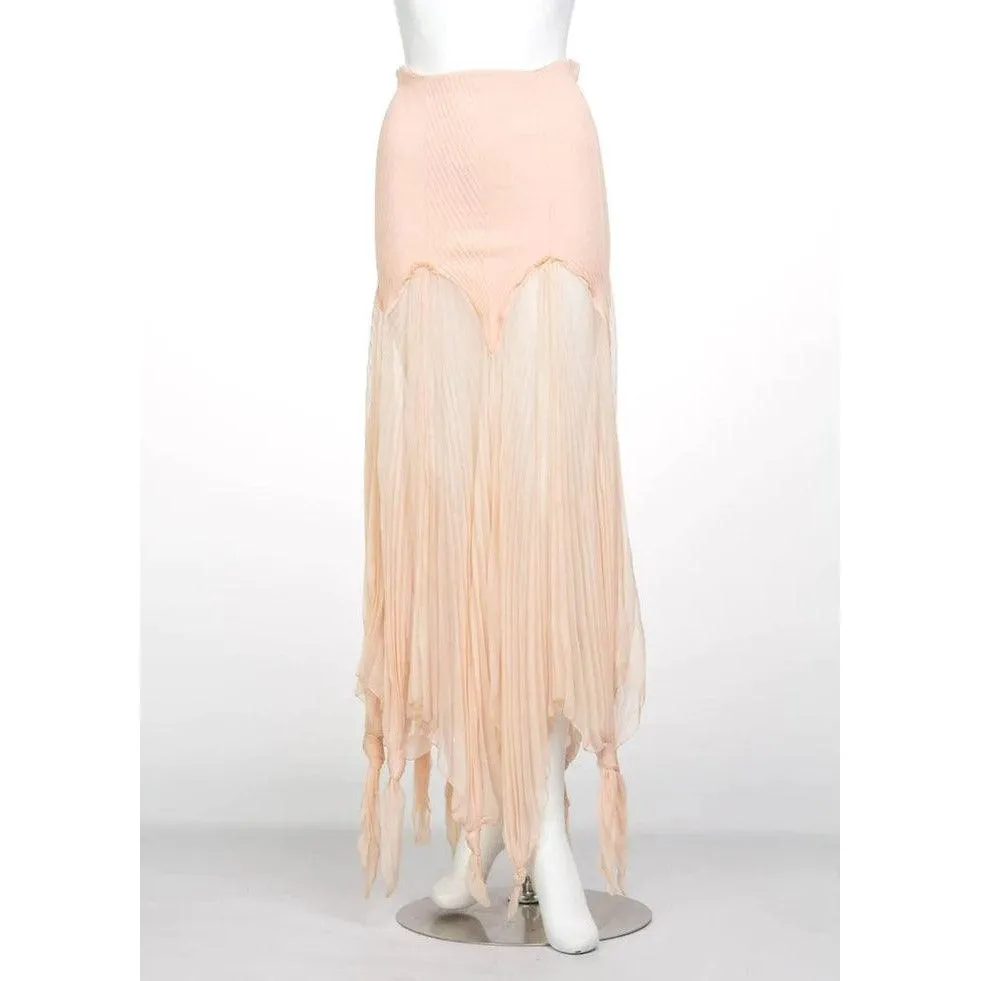 Jean Paul Gaultier Blush Crinkle Silk Chiffon Rib Knit Yoke Skirt | S