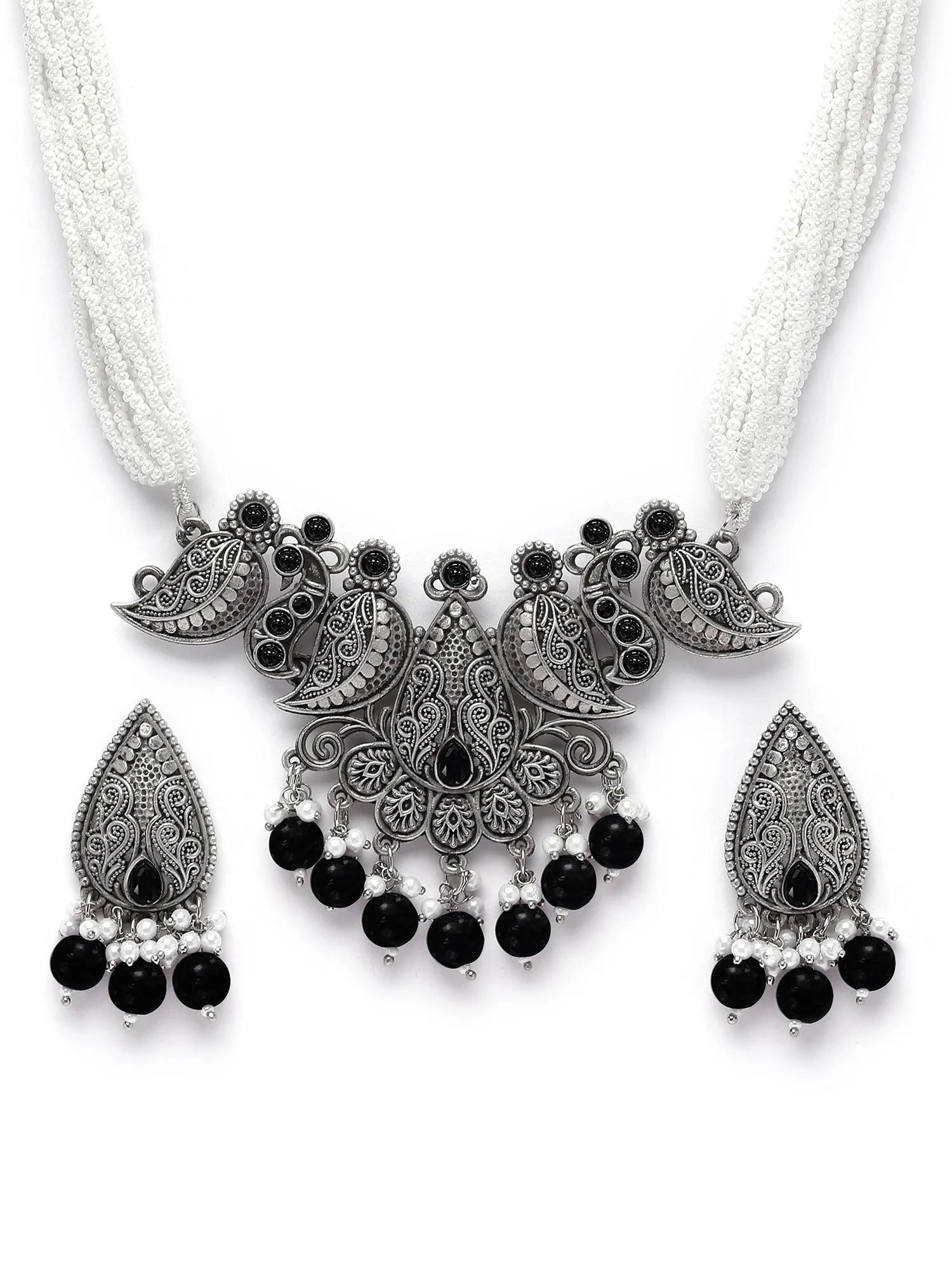 Karatcart Black Beads Oxidised Silver Jaipuri Choker Necklace Set for Women